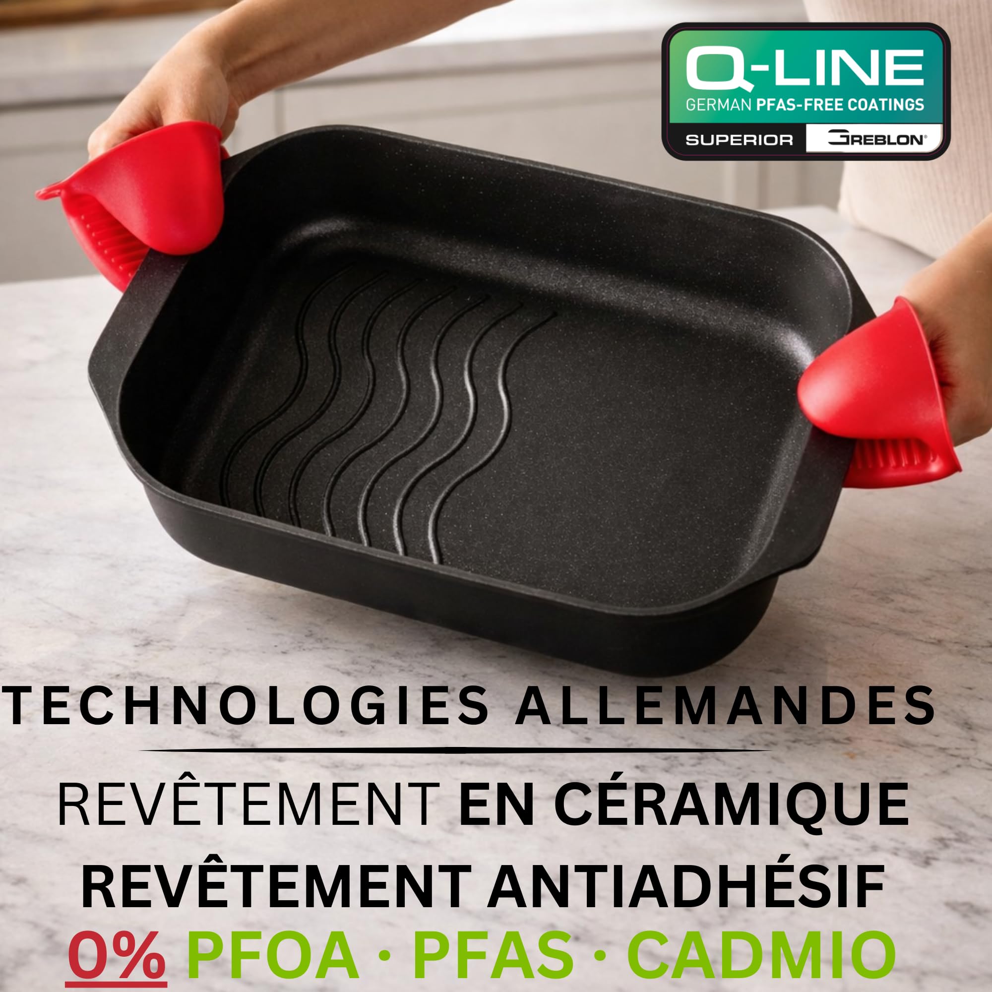 Stone&Stone Plat à Four Antiadhésif 34x8 cm Rectangulaire, Plat à Gratin Plat Lasagnes avec Revêtement Céramique Allemand Greblon Pour Induction Gaz et Four Sans PFAS PFOA PTFE + Couvercle Spatule