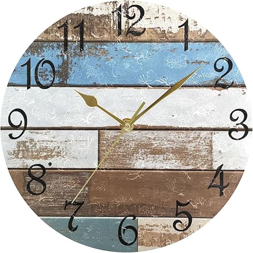 Reloj de pared rústico retro con puerta de granero de madera, marrón, azul, funciona con pilas, silencioso, sin tictac, 10 pulgadas, reloj de mesa