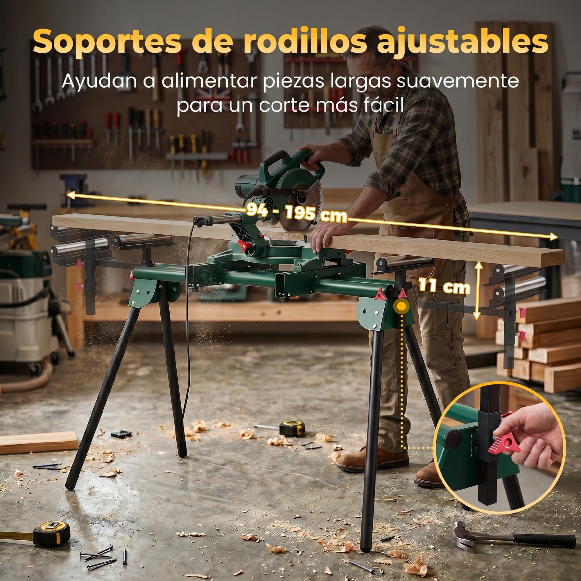 HOMCOM Soporte Sierra Ingletadora Universal Rodillos Extensibles 94-19 cm | Banco de Trabajo Plegable, Altura y Ancho Ajustable, Estructura Metálica Reforzada, Sistema Fijación, Carga 150 kg