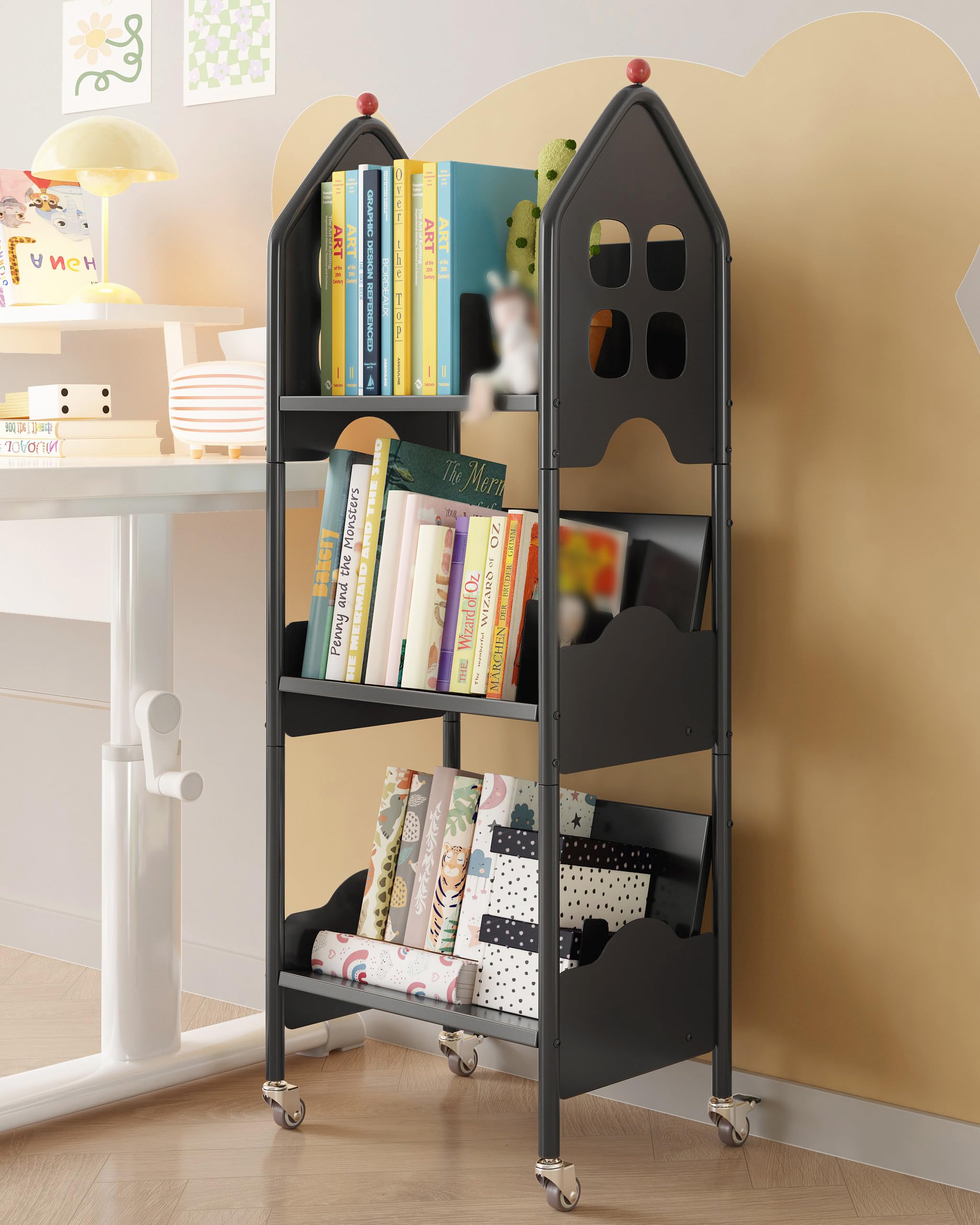 Noskox Kids Bookshelf with Wheels, 3-Tier Metal Book Cart