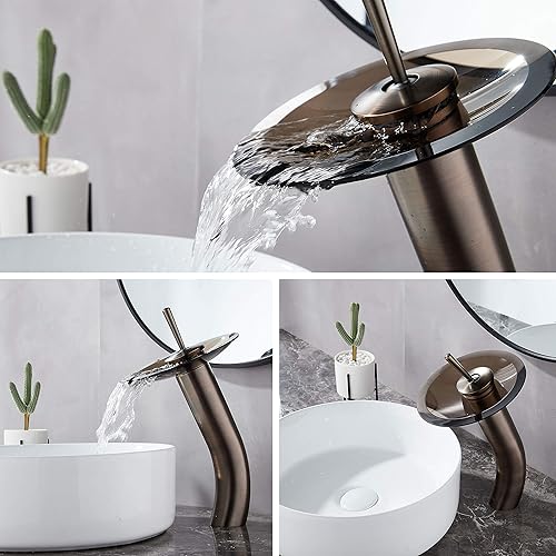 Miniatura 3 de Grifo de baño en cascada de vidrio con una sola manija de latón macizo, lavabo de lavabo, alto, bronce aceitado
