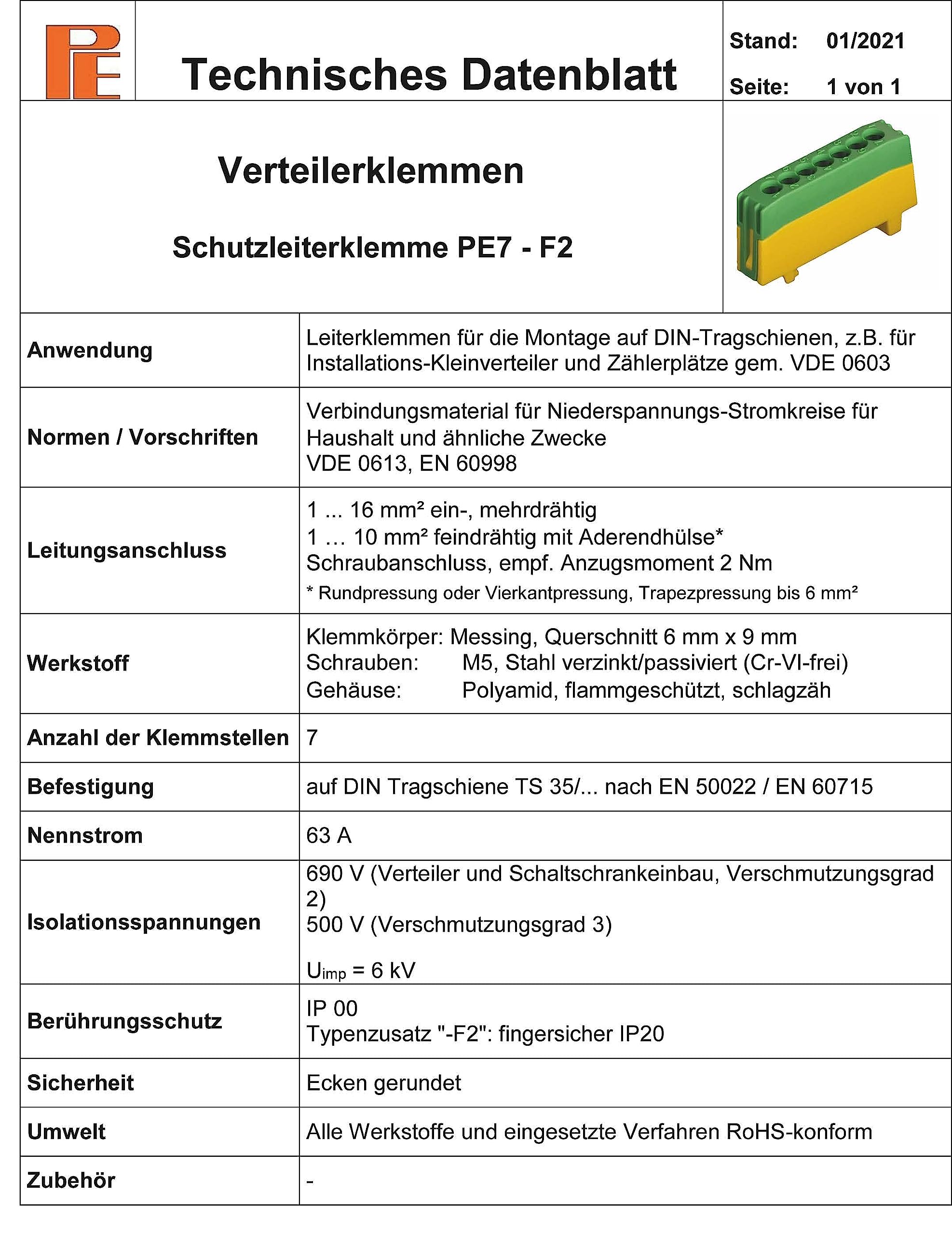 Pollmann PE7-F2 - Terminal de protección (7 pines, 1 unidad), color verde y amarillo