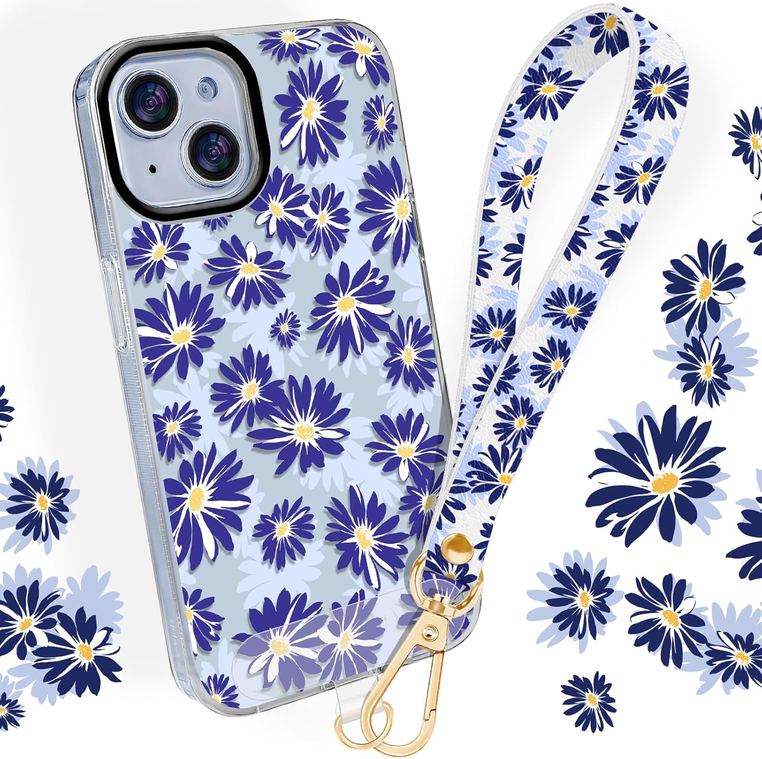 UKON Phone Lanyard with Print Phone Case Set Leather Phone Wrist Strap IMD Process Phone Case Sets Double Sided Printing Phone Grip with Cell Phone Screen Protectors Sets for iPhone 14/13(Daisy) PurpleDaisy