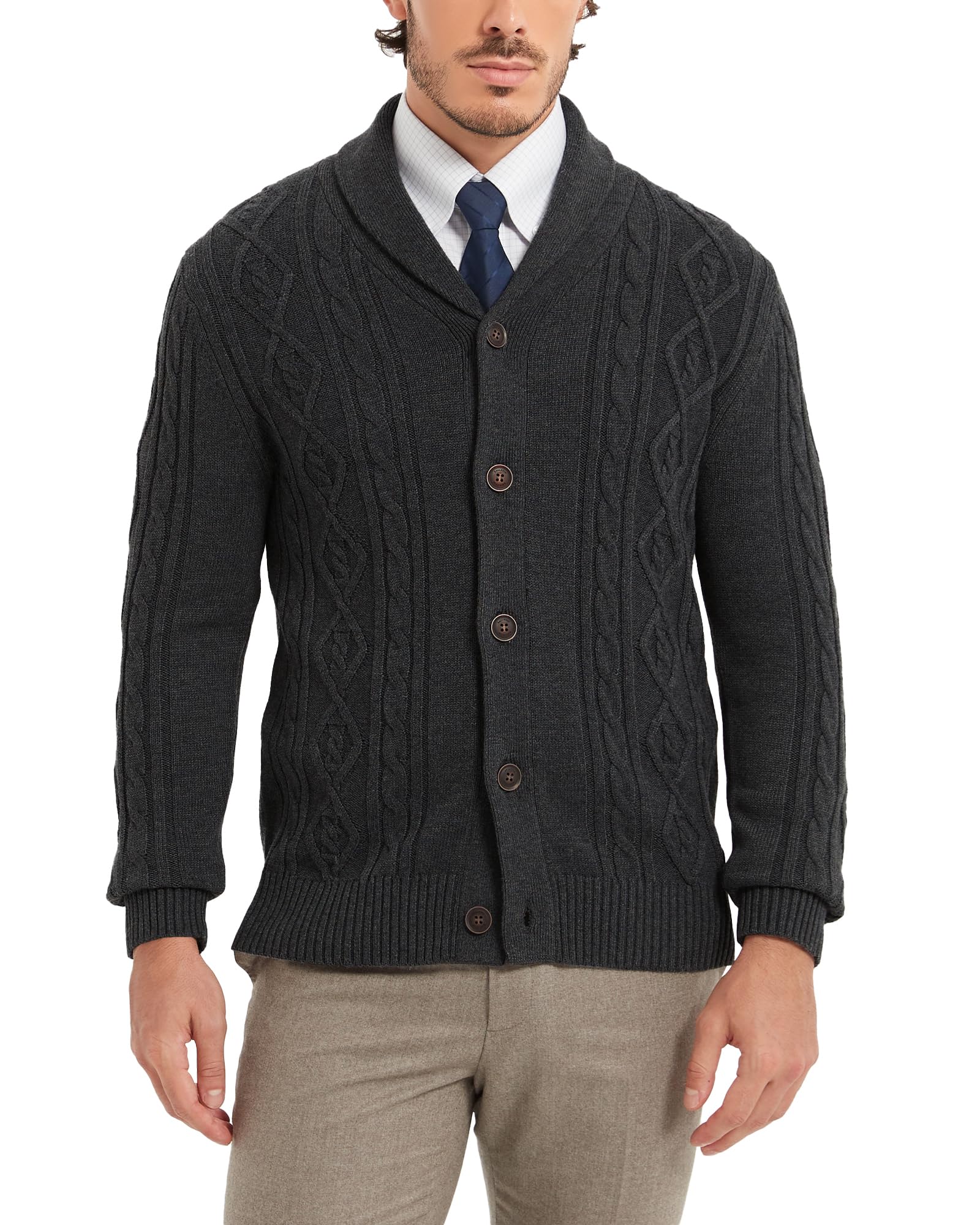 Kallspin Men's Wool Blend Cable Knit Shawl Collar Cardigan