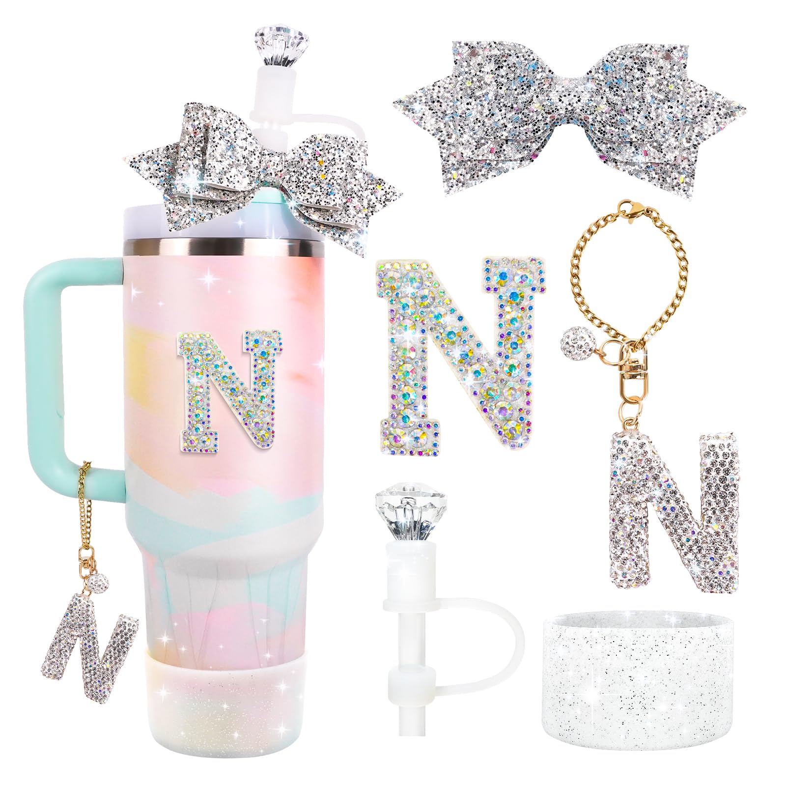 Lingdeer Water Bottle Accessories Set for Stanley Cup 30&40Oz, Letter Charms, Diamond Straw Topper, Glitter Silicone Boot & Sticker, Bow Straw Cover