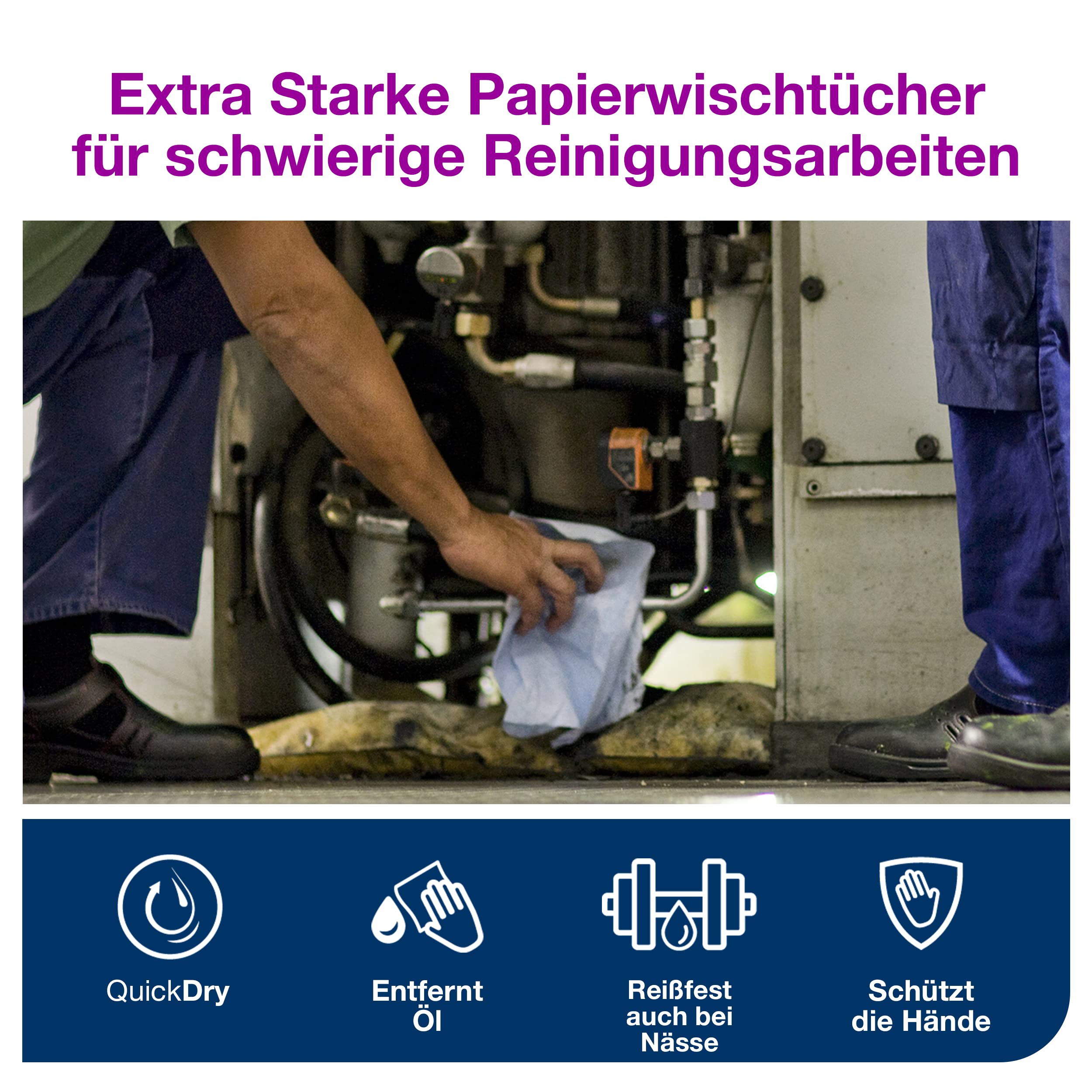 Tork 130082 Extra Starke Industrie Papierwischtücher für W4 Einzeltuch System / 3-lagige Wischtücher in Blau / Premium Qualität / 500 Papiertücher / 38,5 x 32,4 (B x L)