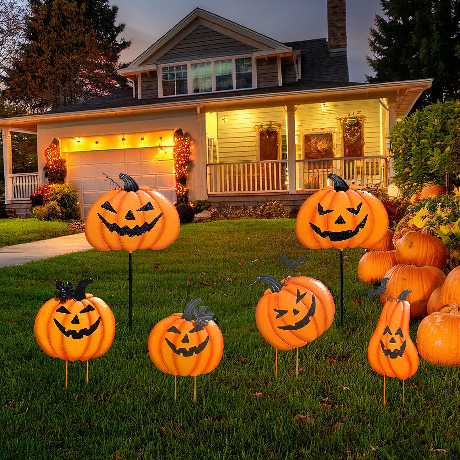 2 Estacas Jardín Halloween Beterzack - Calabazas Metal Apilables Decoración