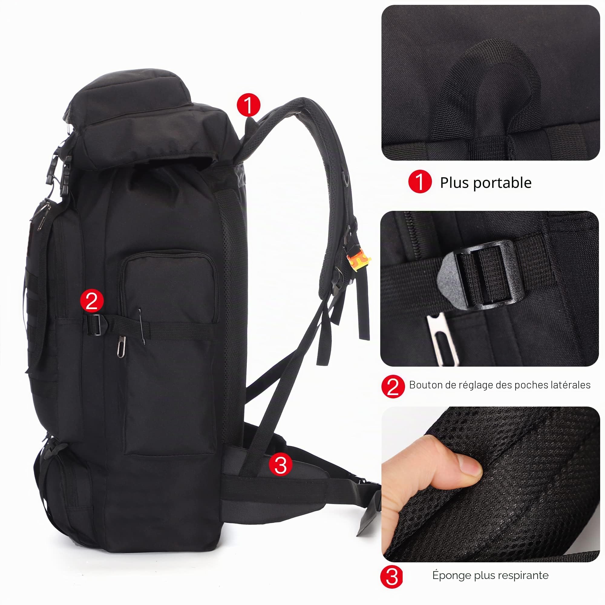 Sac à dos imperméable Molle 70L/100L Sac à dos de randonnée Grand sac à dos pour voyage, Vert kaki