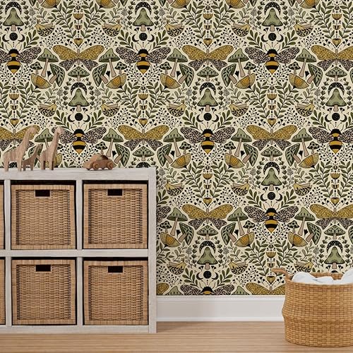 Miniatura 10 de Spoonflower Papel tapiz para despegar y pegar - Nouveau Naturaleza Verde Amarillo Mariposa Naturaleza Bosque Plantas Art Nouveau Polilla Bohemia