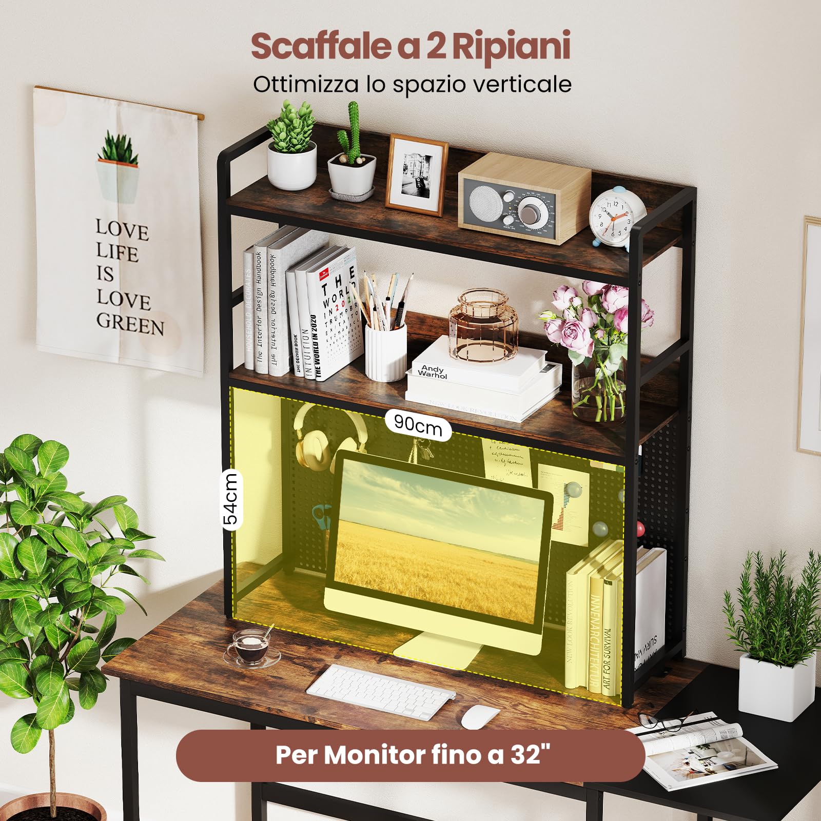 COSTWAY Libreria da Scrivania a 2 Livelli, Scaffale da Tavolo Industriale per Monitor di Computer Fino a 32", Organizzatore di Stoccaggio con Pegboard, per Dormitorio Ufficio e Casa, 94x27x103 cm
