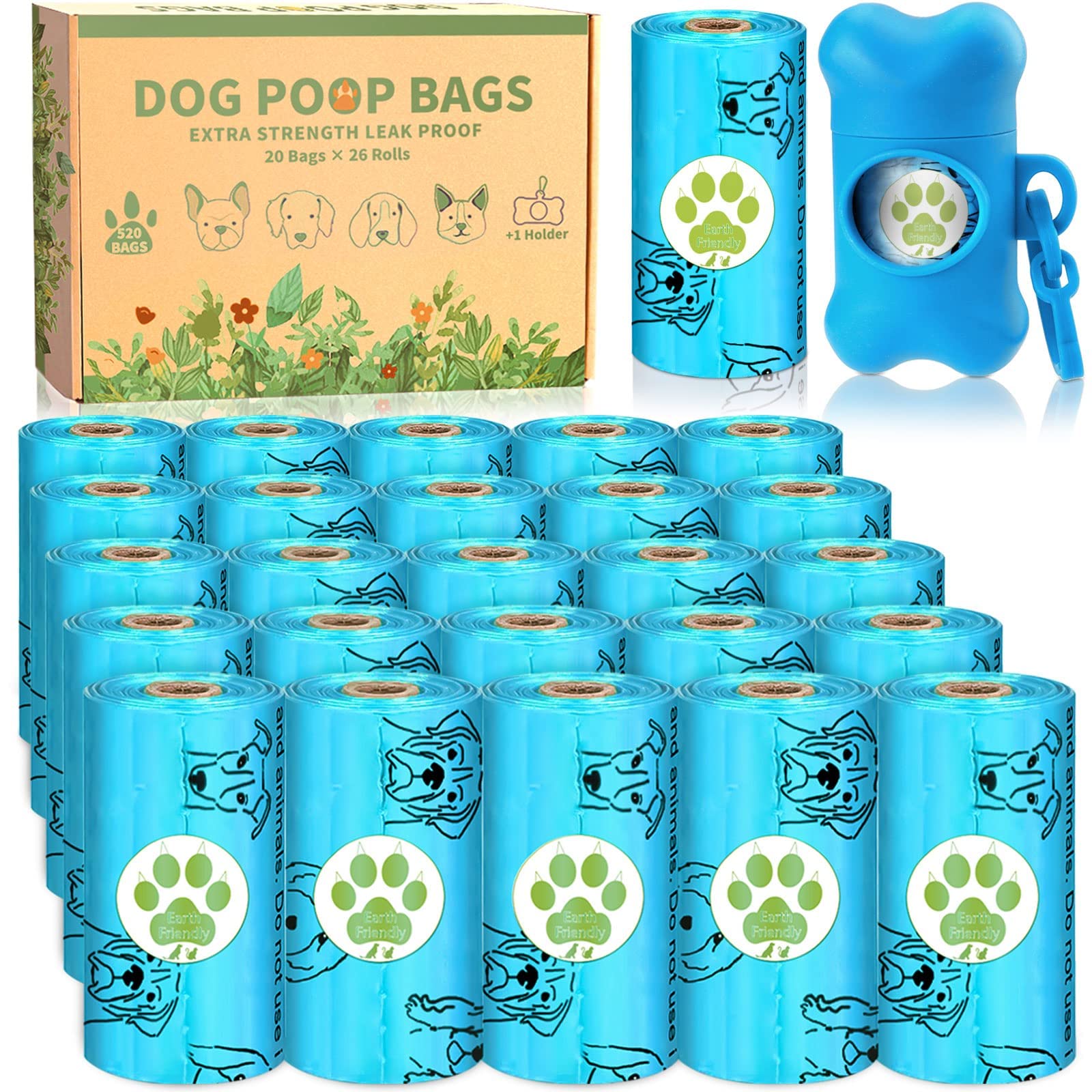 MULEVIP Bolsas Extra Gruesas para Caca de Perro, a Prueba de Fugas, 520 Unidades/26 Rollos, Bolsas para Excrementos, con 1 Dispensador