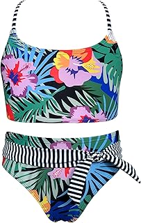 Traje de Baño de Dos Piezas para Niñas Elegante Halter Cutout Volantes Estampados Top de Bikini Set con Triángulo Bikini Bottom de Playa para 6-14 años