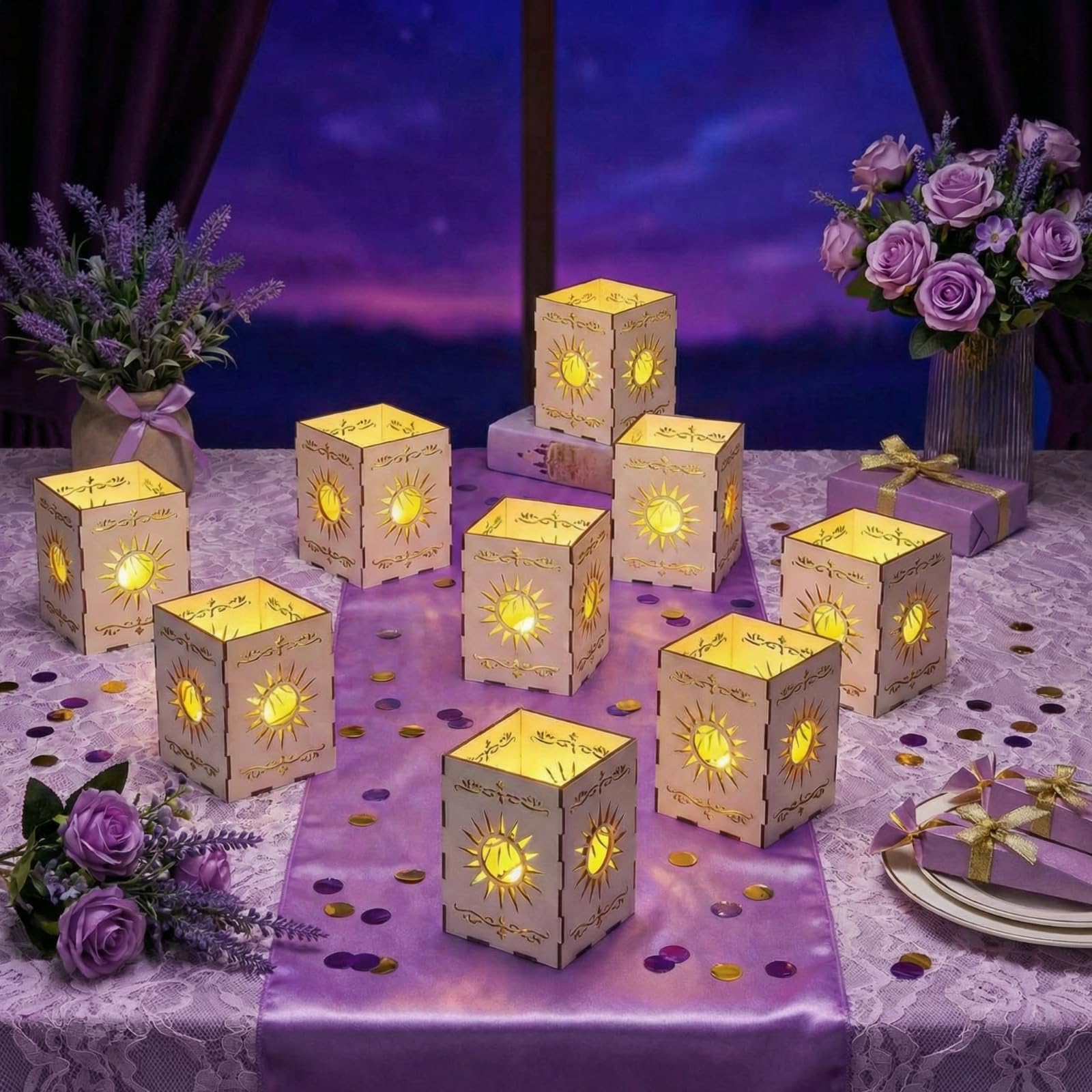 Fuyoooo 12 Set Princess Sun Centerpieces for Table Decor Princess Sun Wooden Lantern with LED Candles for Party LED Lights with Wooden Bags Battery Operation for Wedding Birthday Party