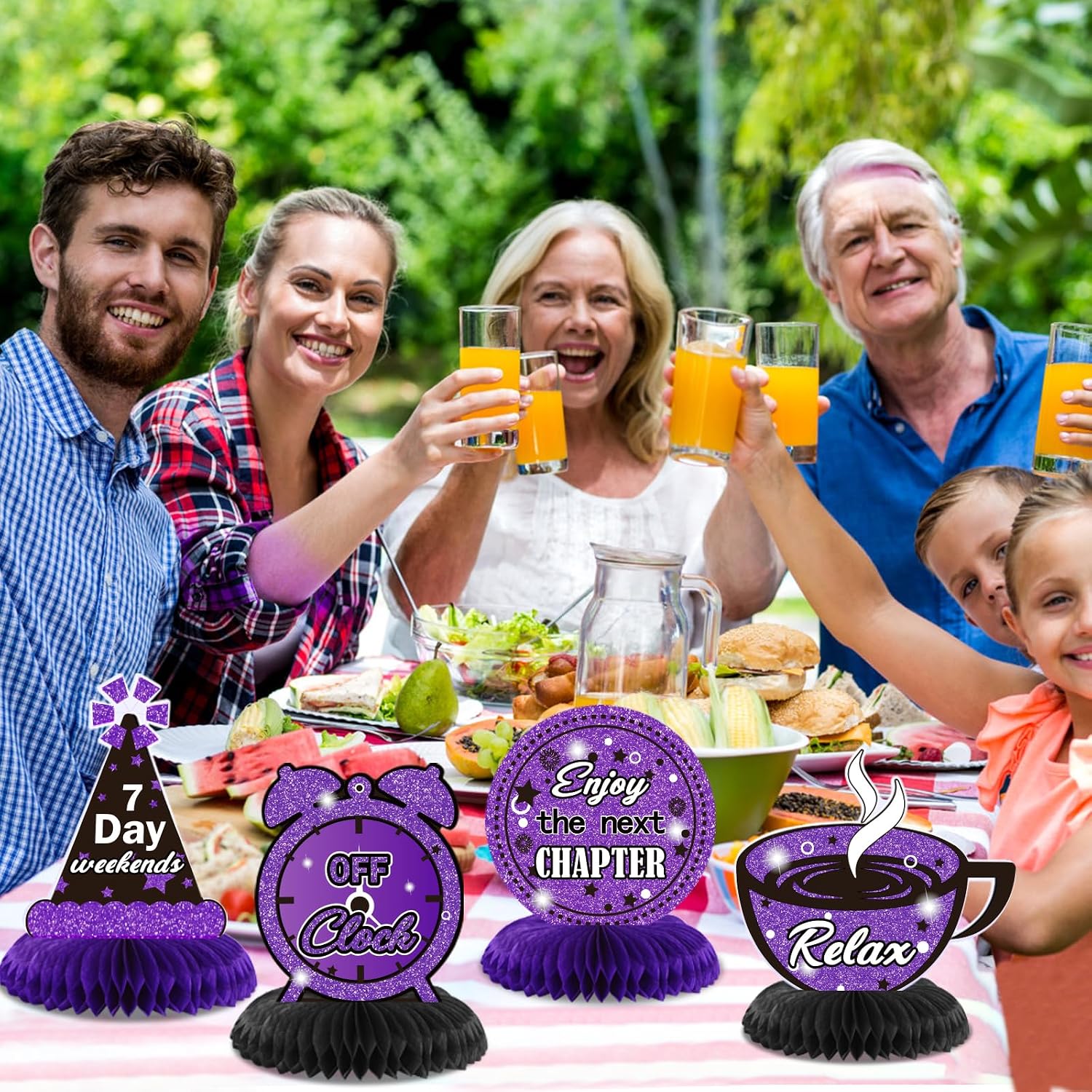 Purple Black Retirement Honeycomb Centerpieces with 8 Table Toppers & Paper Clips Large Double Sided Happy Farewell Party Decorations Going Away Supplies for Women Mom Sister Female Coworker