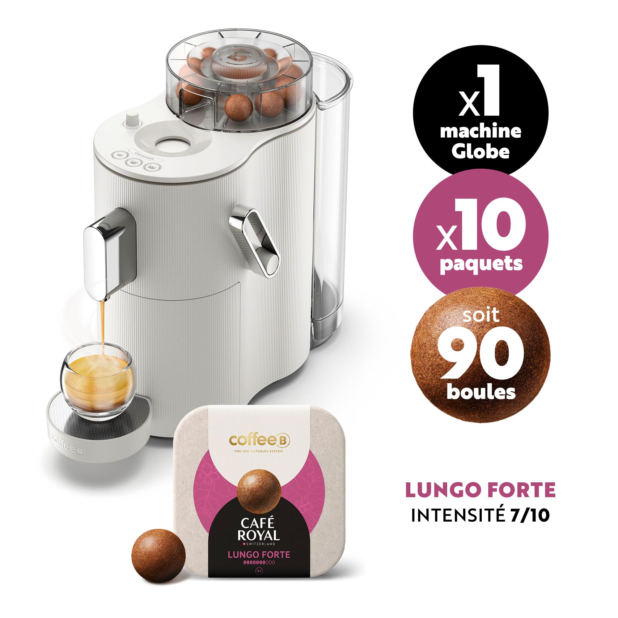 CAFE ROYAL SWITZERLAND PROFESSIONAL Machine à Café CoffeeB Globe Blanc 1.3L avec 90 Coffee Balls Lungo Forte - 100% Compostables