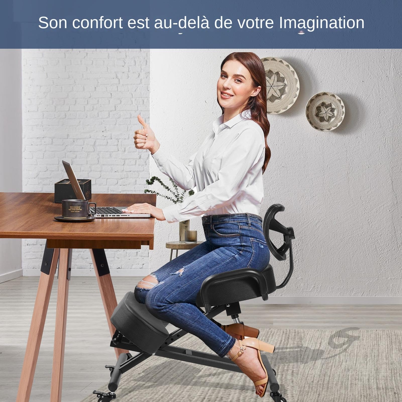 Chaise Ergonomique à Genoux avec Dossier - Hauteur réglable avec Coussins épais et roulettes verrouillables pour Le Bureau et la Maison. Tabouret correcteur de Post-ure pour soulager Les maux de Dos