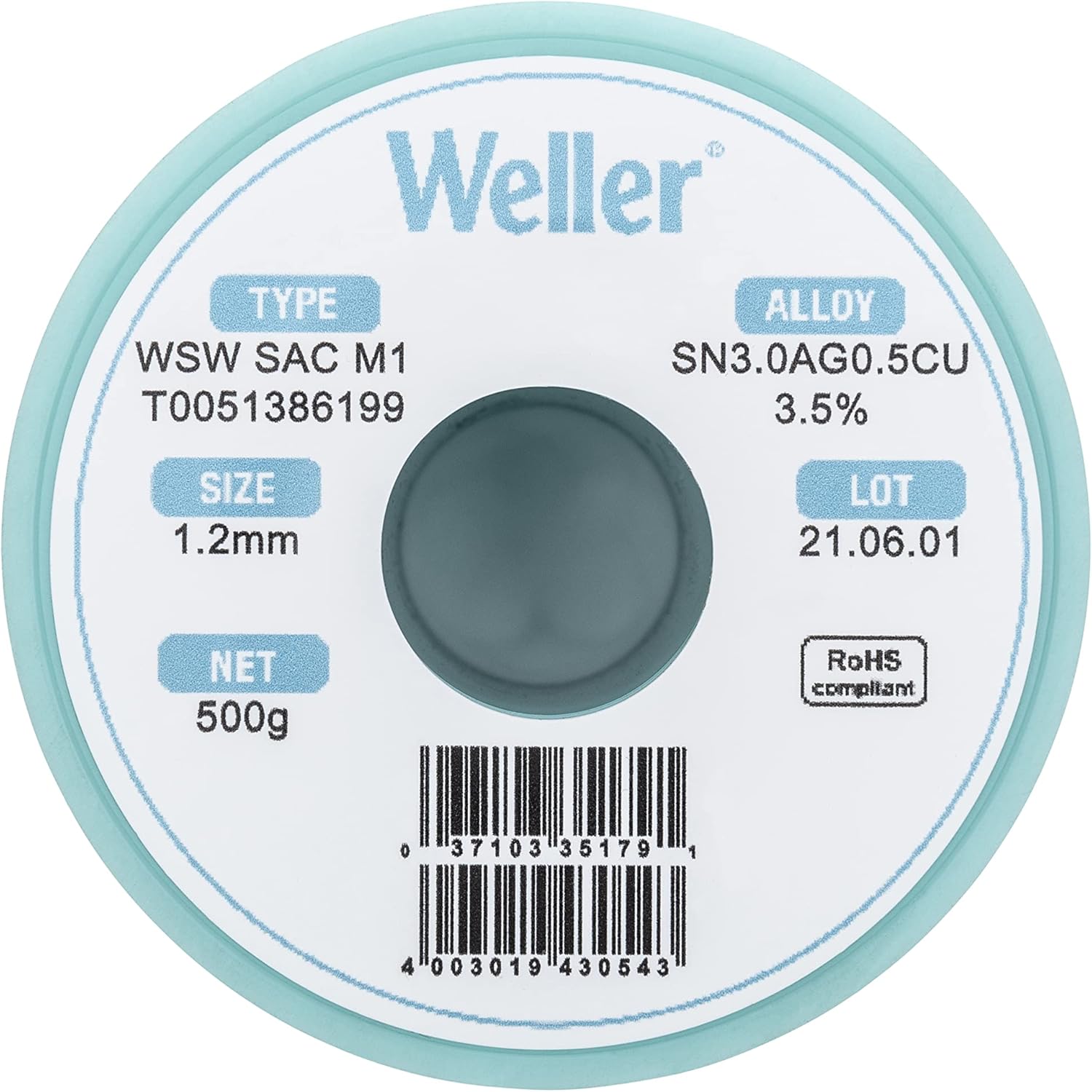 Weller WSW SAC M1 (T0051386199) Lead Free Solder Wire, Dia: 1.2 mm / 0.047 in, Wt: 500 g / 17.637 oz, Alloy Sn96.5Ag3.0Cu0.5, Flux content 3.5%