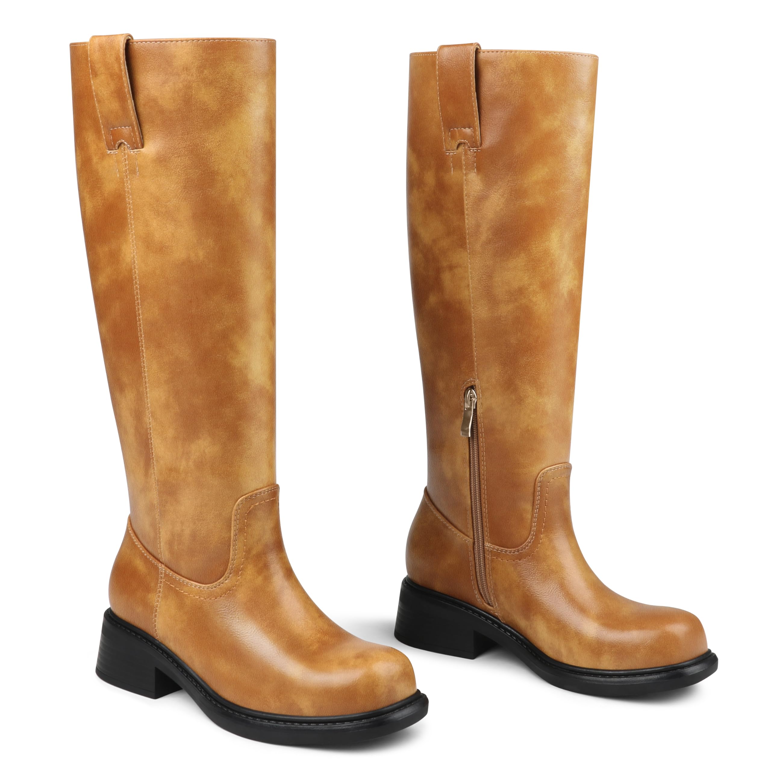 Zzheels Womens Knee High Boots Square Toe Chunky Low Heels Zipper Tall Boots Campus Boots