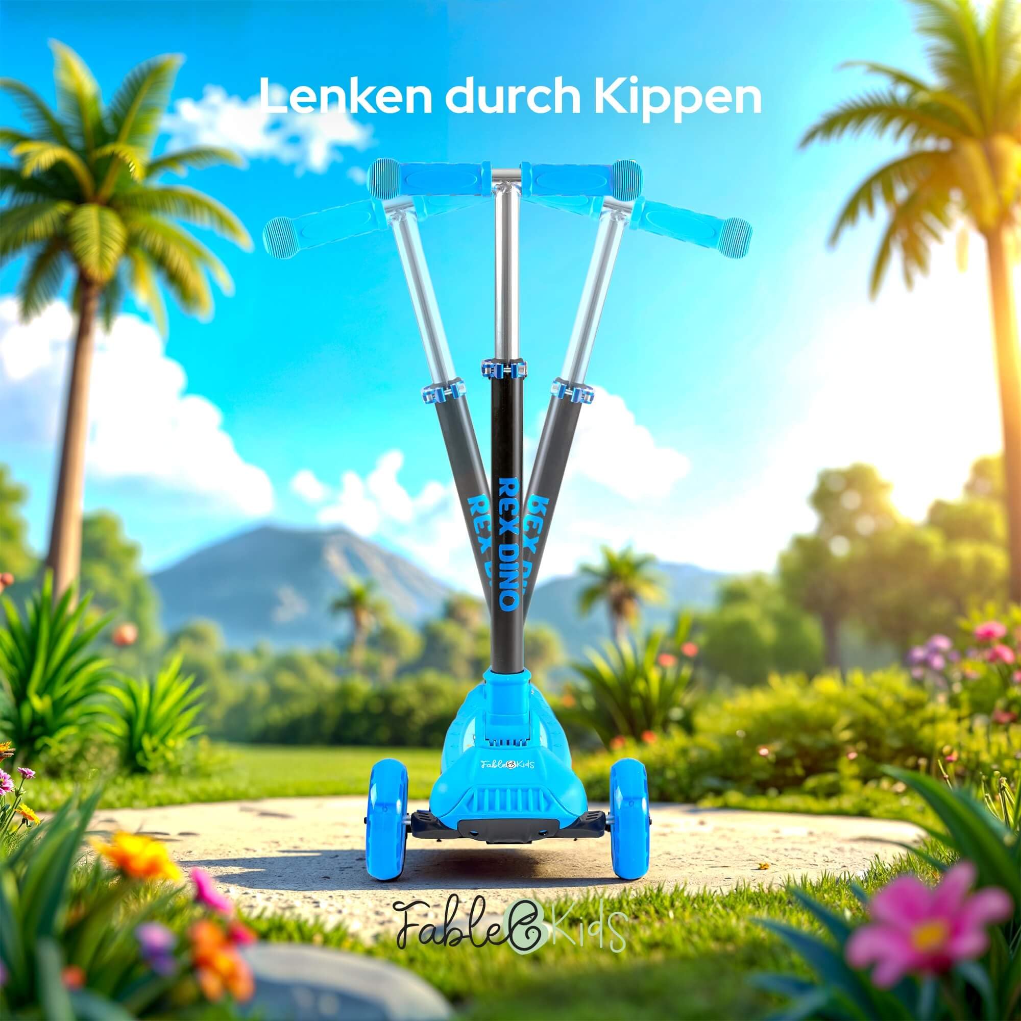 FableKids Kinderscooter Cityroller Tretroller Scooter höhenverstellbar | klappbar | LED-Räder | Tritt-Bremse | für Kleinkinder ab 3 Jahren | bis 50 kg belastbarer Roller | Kickroller