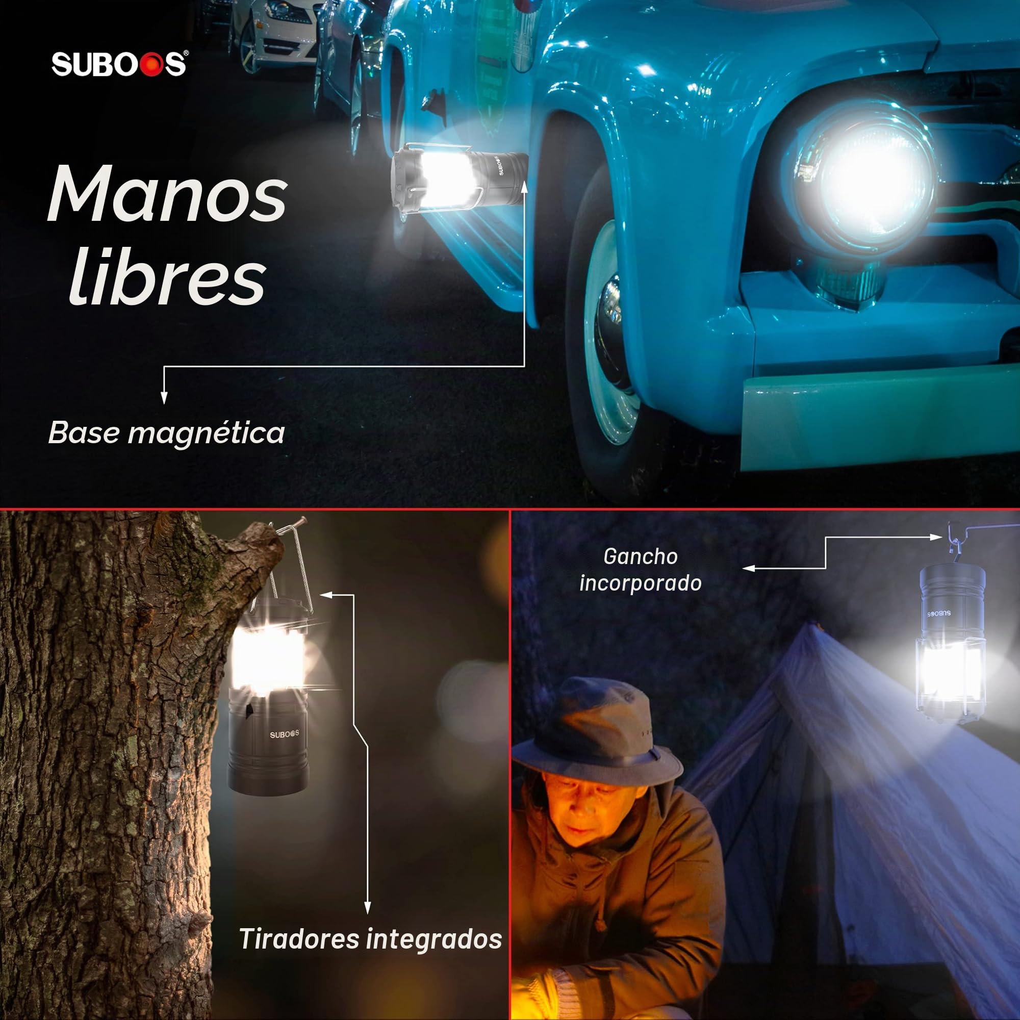 Linterna LED con pilas para acampar - COB Tech con base magnética y gancho plegable, linterna de camping portátil resistente para emergencias.