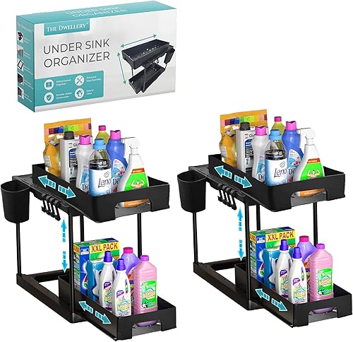 Organizadores y almacenamiento debajo del fregadero de la cocina, paquete de 2 organizadores debajo del fregadero con ganchos y taza para colgar, 2