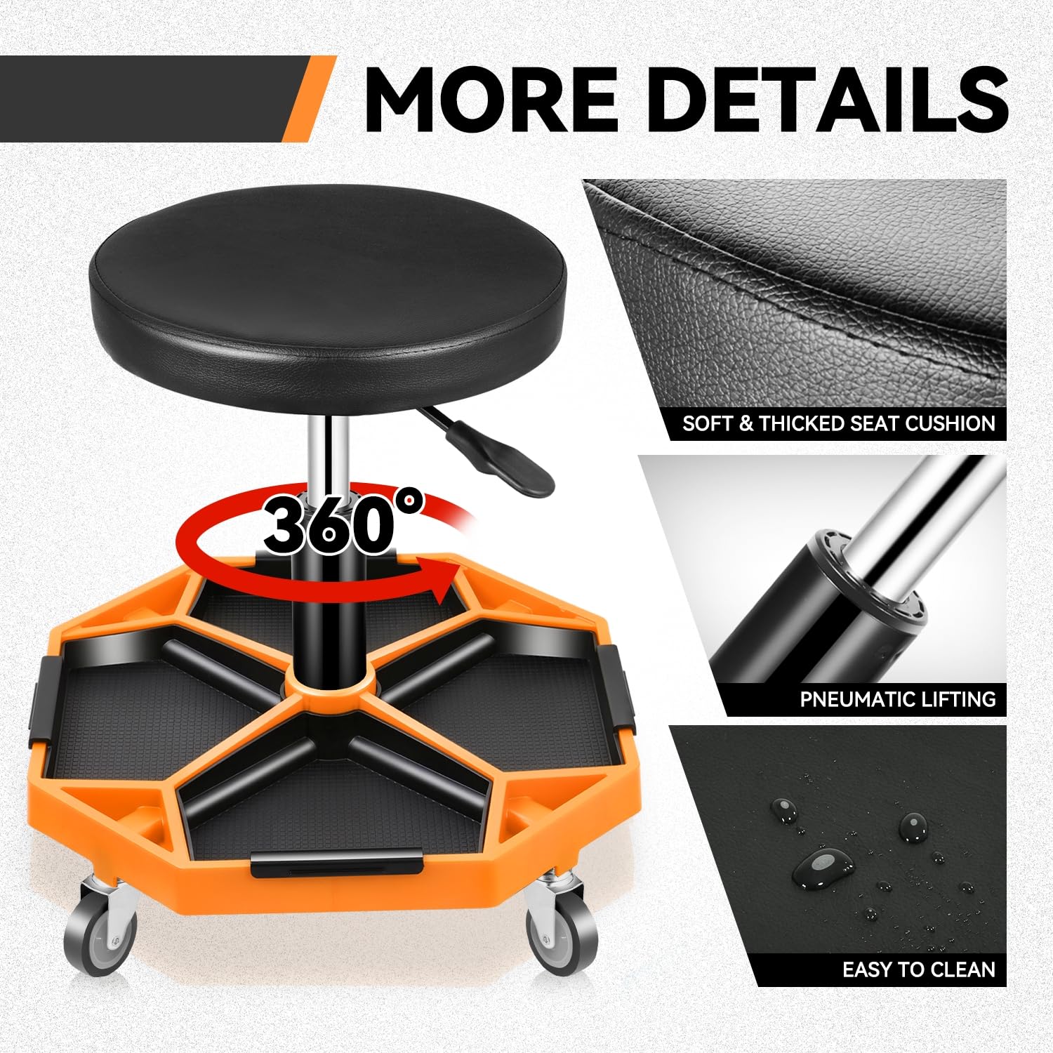 Auto Dynasty Taburete mecánico, asiento neumático ajustable con bandeja de herramientas, asiento de rodillo de 300 libras para reparación de automóviles de taller, altura ajustable de 15.7 a 21