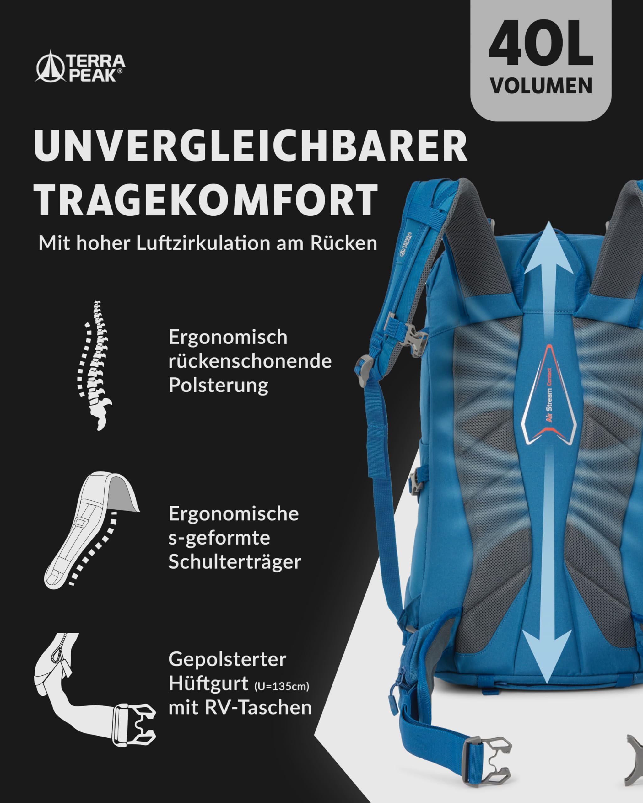 Terra Peak® Premium Wanderrucksack 40L (FLEX 40) für Damen & Herren groß mit Rückenbelüftung, Regenschutz & Trinksystem-Halterung - Ergonomischer Trekkingrucksack atmungsaktivem 3D Air Mesh & Hüftgurt