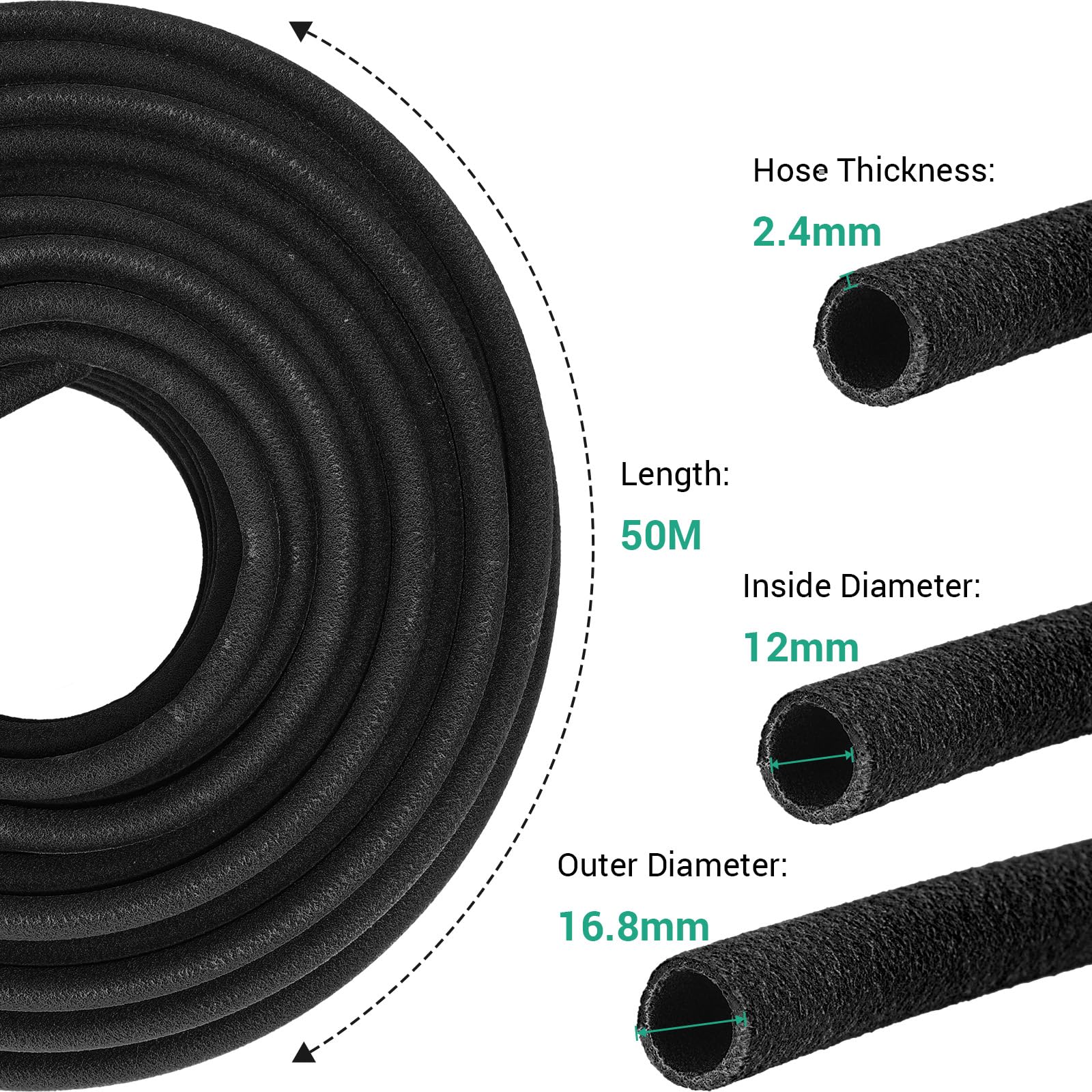 Tuyau d'Arrosage Extensible de Jardin 50M - TLGREEN - Caoutchouc - Noir - 12 mm - 5.3 kg - Accessoires inclus - 1 x 50m