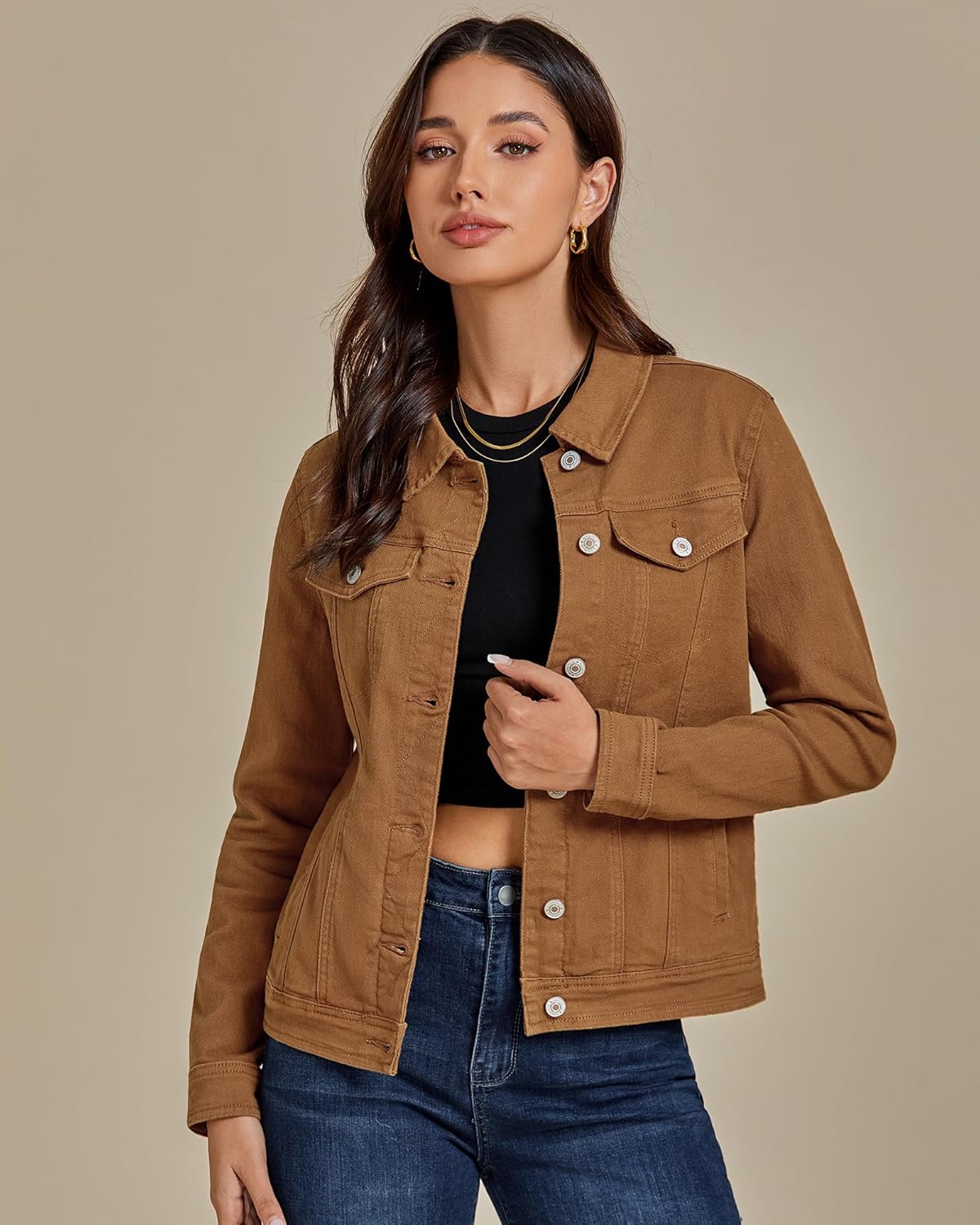 luvamia Women's Basic Button Down Stretch Fitted Long Sleeves Denim Jean Jacket - Image 8