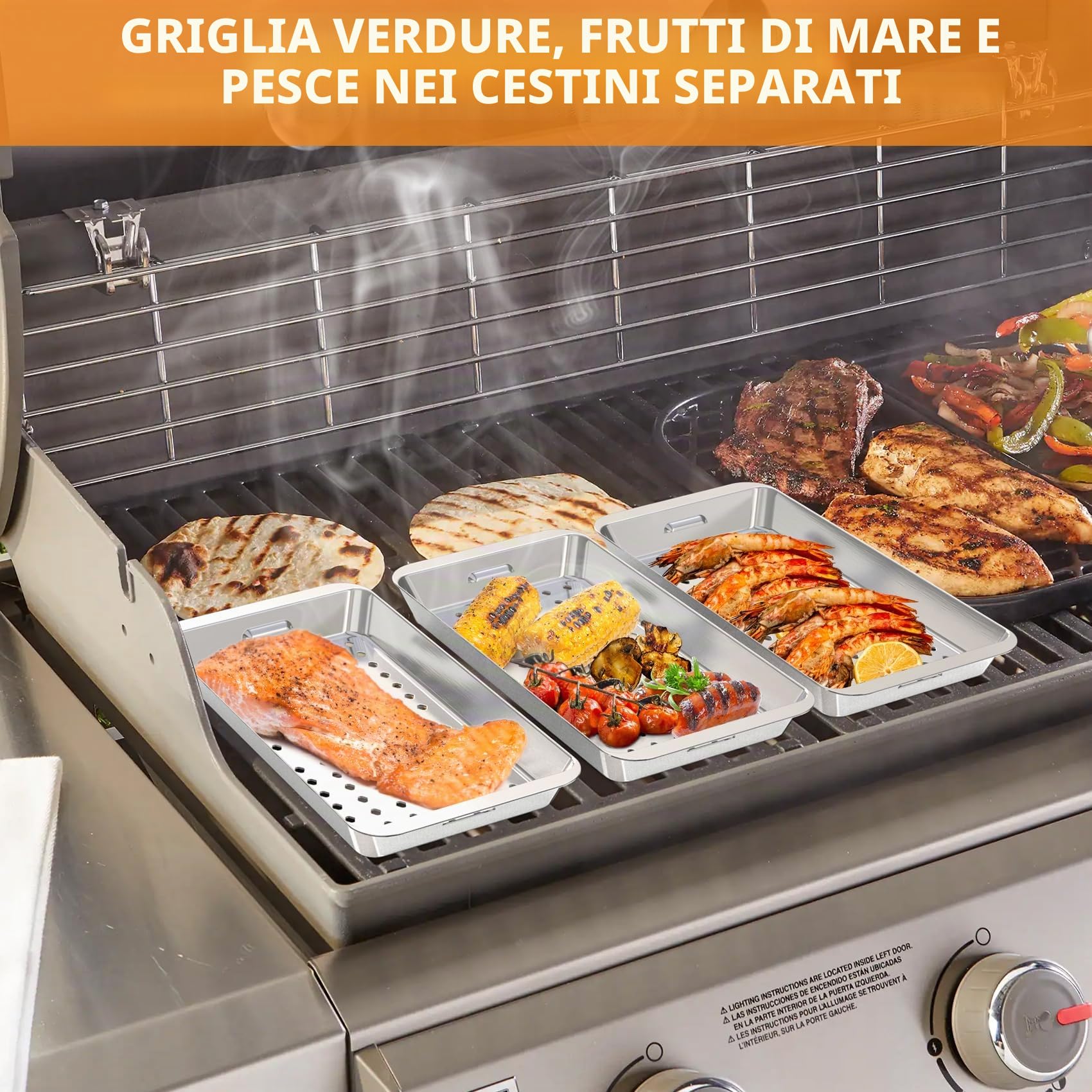 onlyfire Set di Cestello per Barbecue, 3 Cestino per Verdure da Barbecue in Acciaio Inox con Vassoio di Servizio e Manico a Clip, Cestello Forata per Grigliate di Pesce, Verdure e Carne