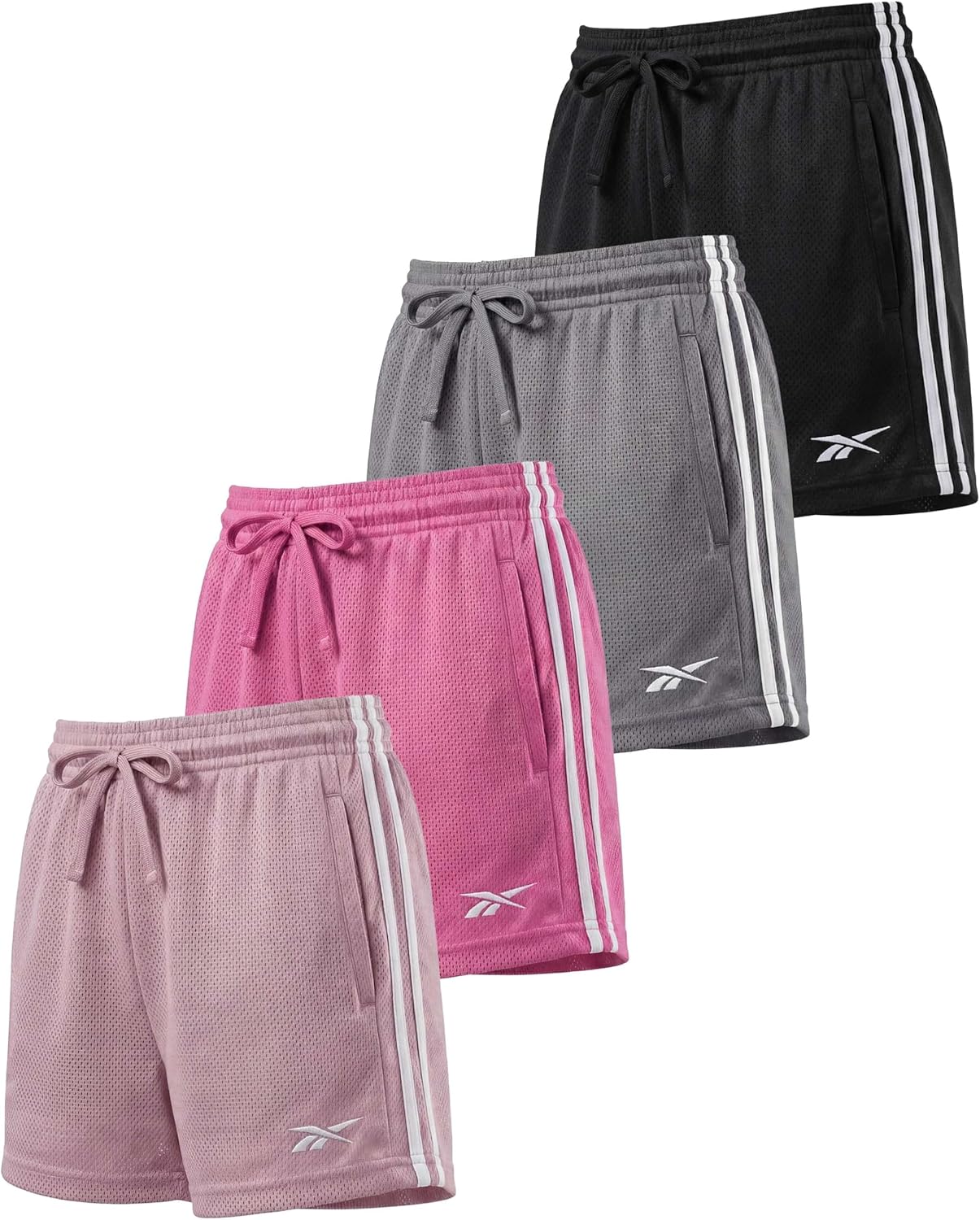 Reebok 4-Pack: Girls’ Athletic Mesh Shorts with Side Taping – Volleyball Basketball Running Shorts Kids Tweens Teens Youth