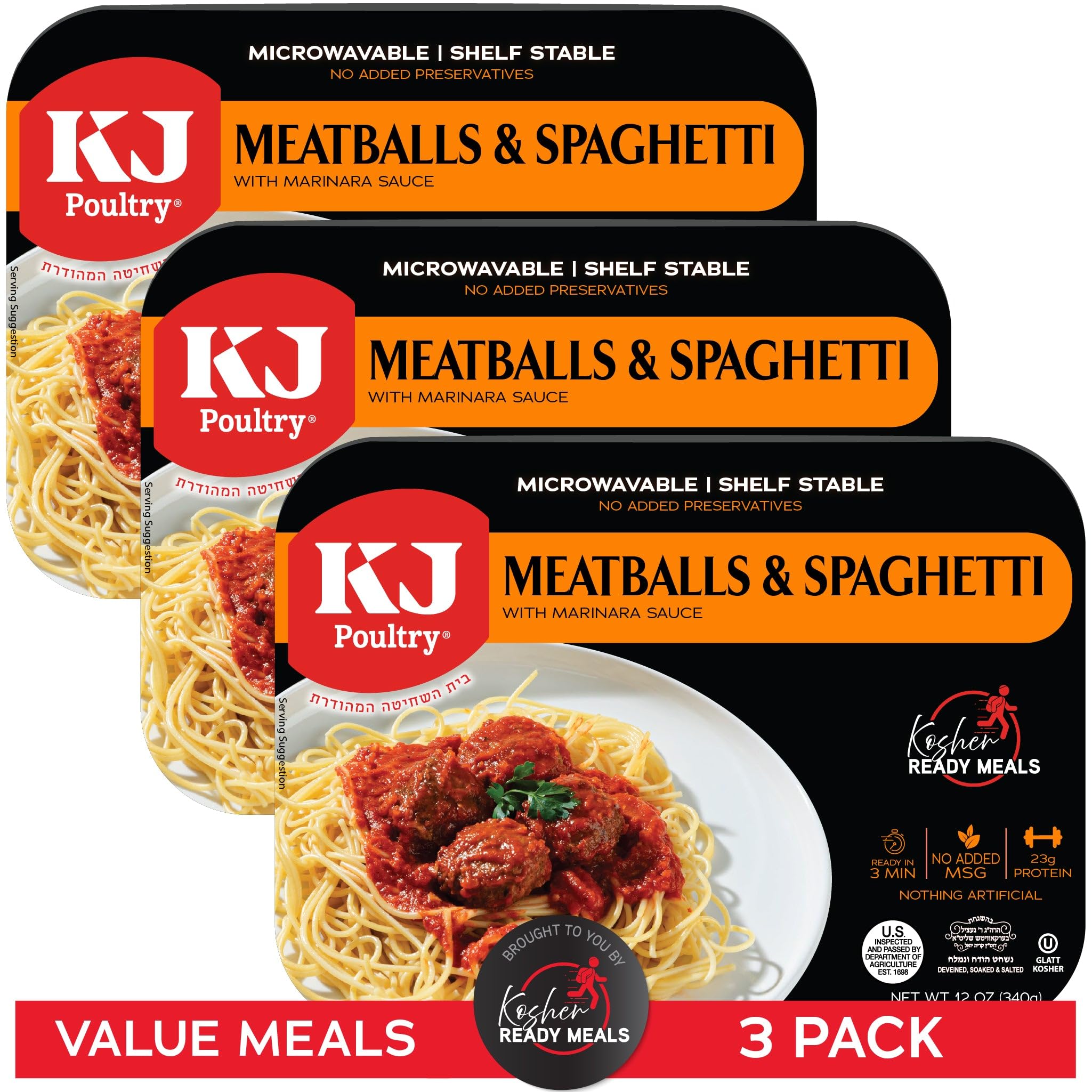 KJ Poultry Kosher Ready Meals - Spaghetti & Meatballs, MRE Meals Ready to Eat (3 Pack) Prepared Entree Fully Cooked, Shelf Stable Microwave Dinner Travel, Military, Camping, Emergency Survival