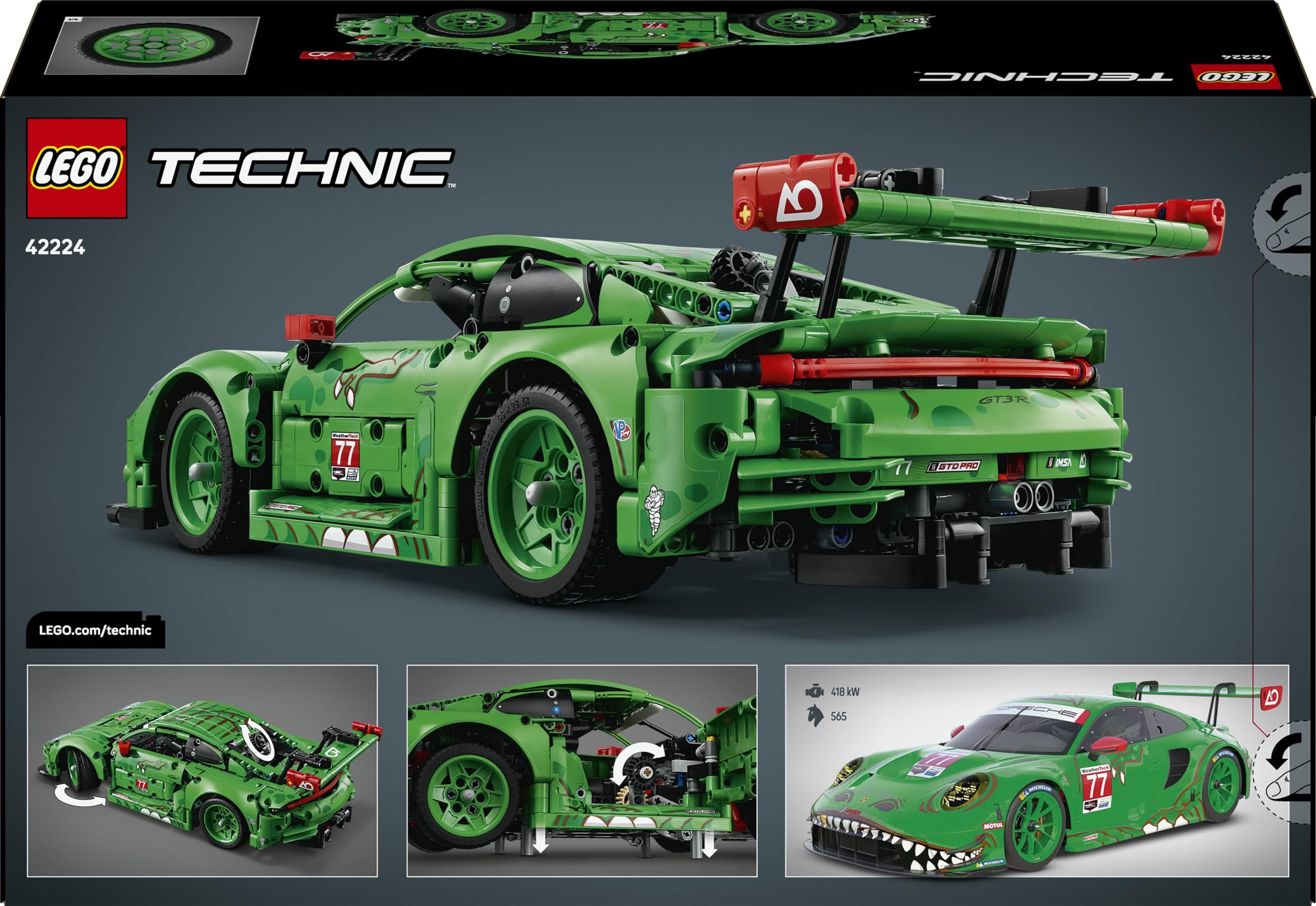 LEGO Technic Auto Porsche 911 GT3 R REXY AO Racing - Macchina Giocattolo - Kit di Modellismo con Motore a 6 Cilindri, Trazione Posteriore e Design da Dinosauro - Regalo per Bambini da 11 Anni - 42224