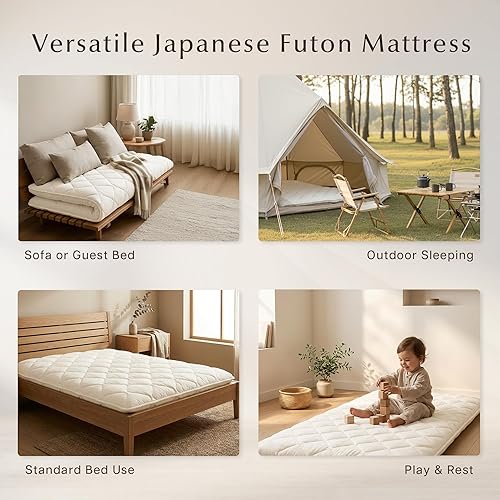 Miniatura 8 de HALZEN - Colchón japonés, fabricado en Japón, relleno de 11 libras, almohadilla de dormir enrollable, futón firme y de apoyo para dormir en el