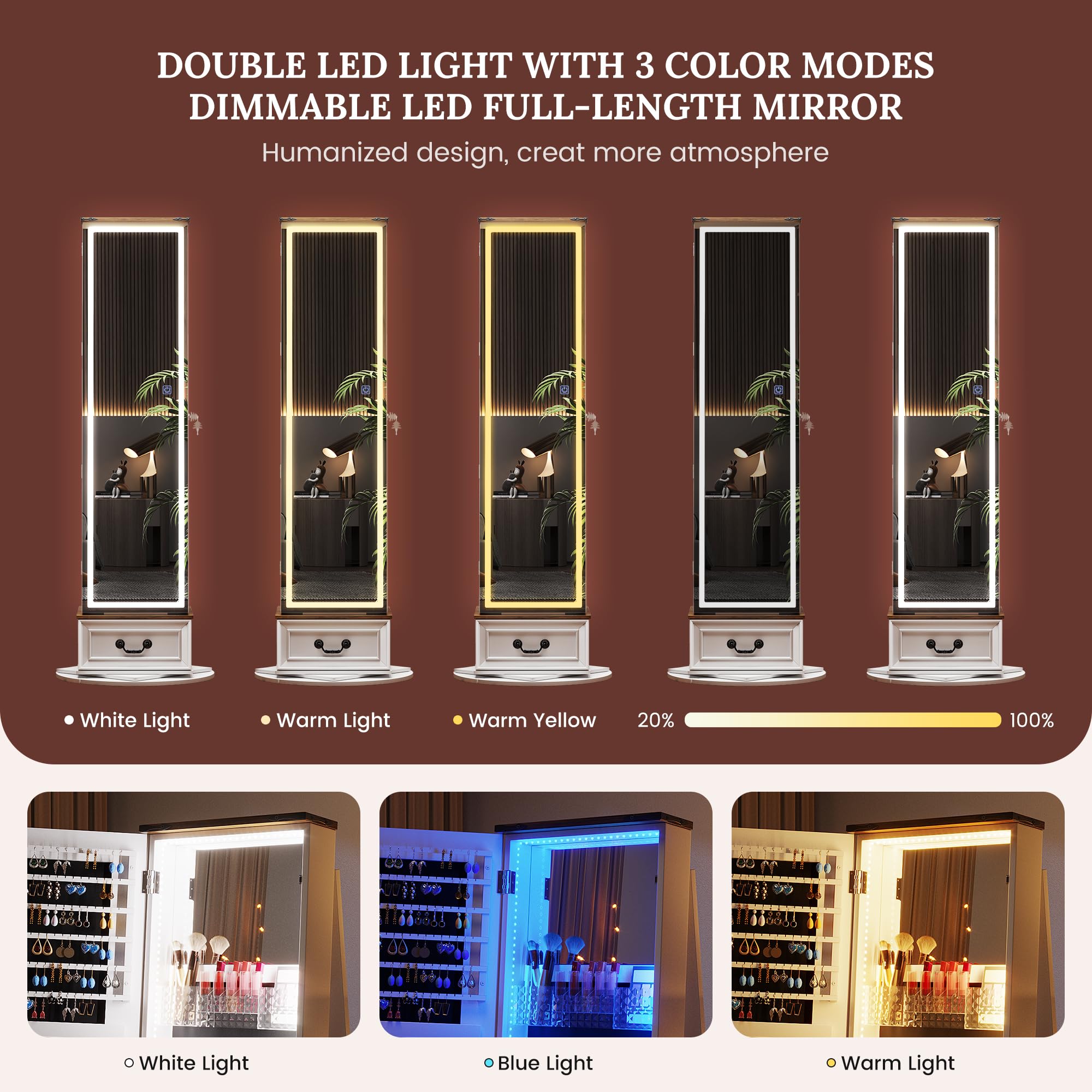 LVSOMT LED Mirror Jewelry Cabinet Standing, 360°Swivel Jewelry Armoire with Full Length Mirror, Mirror with Jewelry Storage and Large Wooden Drawer for Christmas Gifts (): Farmhouse White