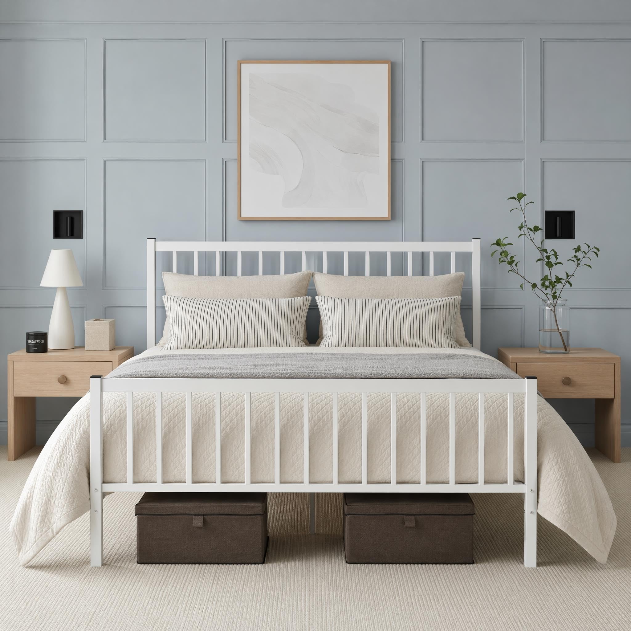 Panana Industrial Strong Double 4ft6 Metal Bed Frame,Platform Bed with Headboard (White-4FT6)