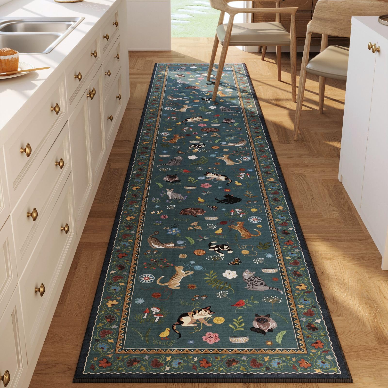 Rugcomf Runners for Kitchen Runner Rug Non Slip 2'x10' Long Washable Rugs with Rubber Backing Soft Floral Animal Cat Carpet Runner for Kitchen Laundry Bedroom Bathroom, Pearl Gentian Blue — image 1
