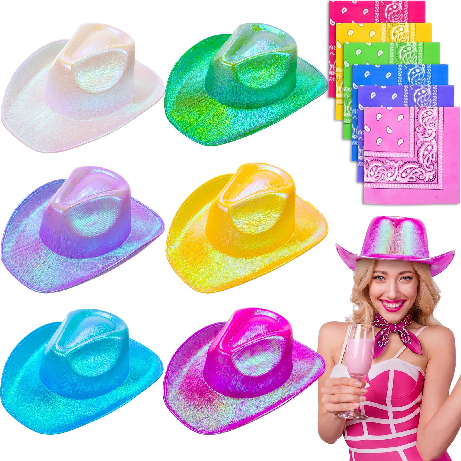 Photo 1 of Hercicy 12 Pcs 6 Sets Sparkly Adults Cowboy Hat and Colored Paisley Bandanas Neon Holographic Western Glitter Cowgirl Party Hats Pink Bachelorette Party Supplies for Men Women Costume