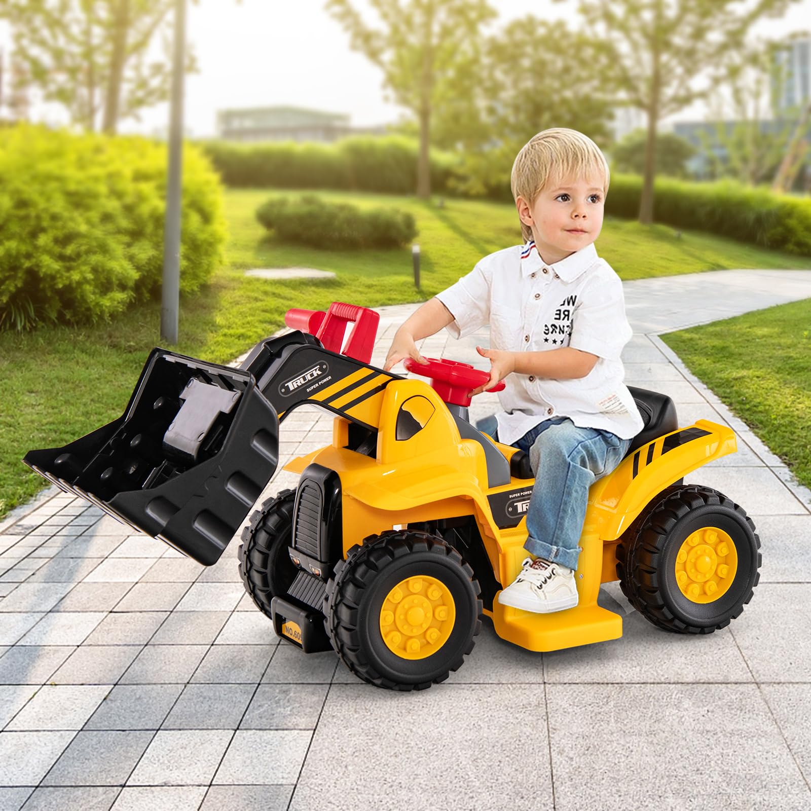 COSTWAY Sitzbagger, Kinderbagger elektrisch mit verstecktem Stauraum & Basketballkorb & 4 Sound-Tasten & 3 Bällen, Bagger zum draufsitzen, Sandbagger Aufsitzbagger für Kinder ab 2 Jahren