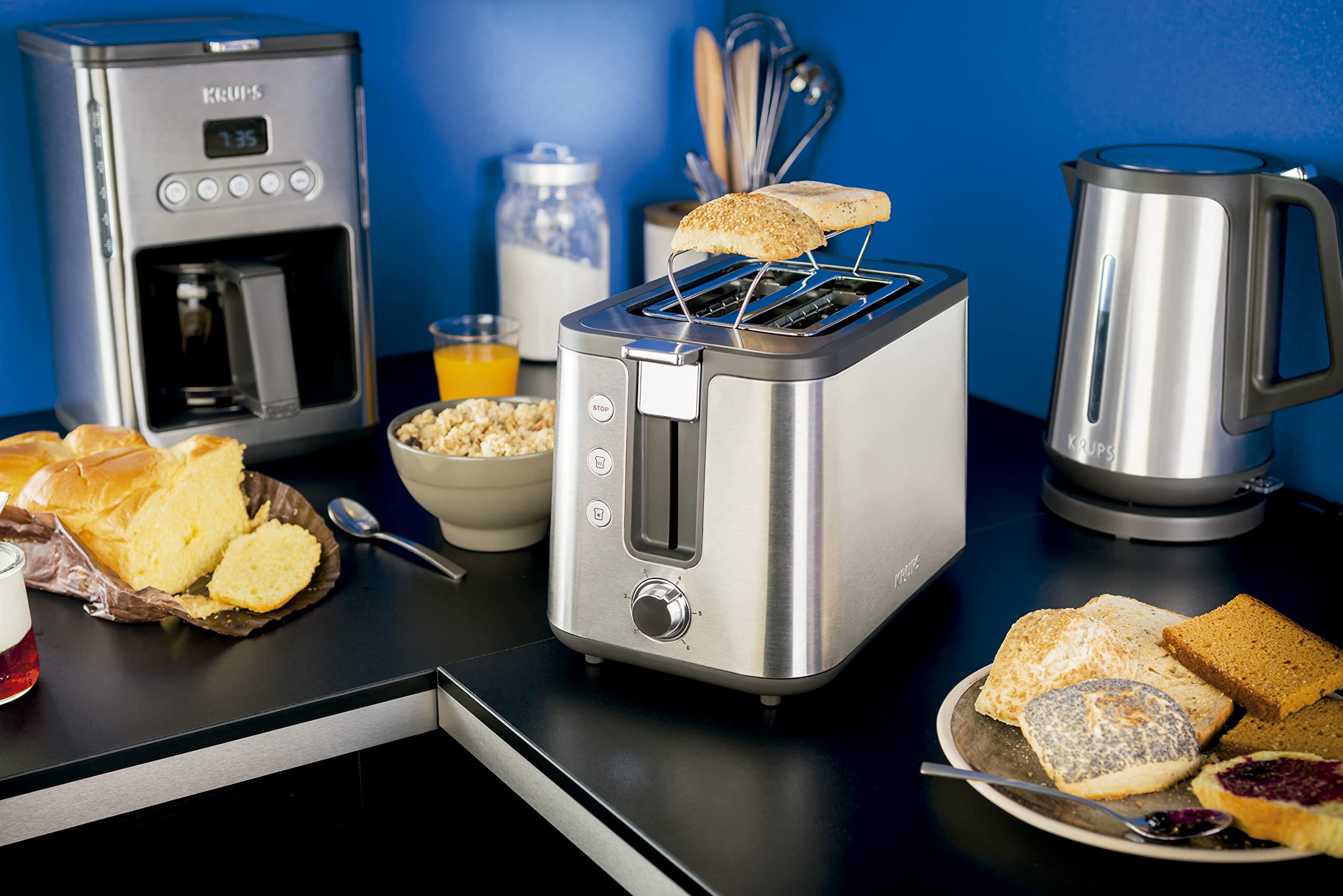 KRUPS Control Line Grille-pain inox 2 fentes extra larges, Toaster 850 W, Remontée extra haute, 6 niveaux de dorage, Fonction réchauffage et décongélation KH442D10