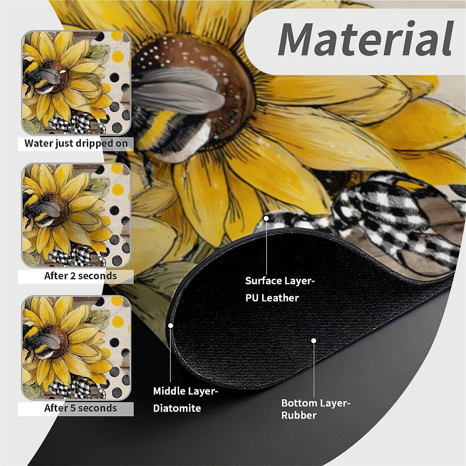 Kitchen Sink Splash Guard，Sunflower-with bumblebees Faucet Mat Sink Gadgets-Super Absorbent Fast Drying Mat Drip Catcher for Kitchen, Bathroom,Sink Mat, Dish Drying Mat, Bathroom(15" X 5.5" ) image 4