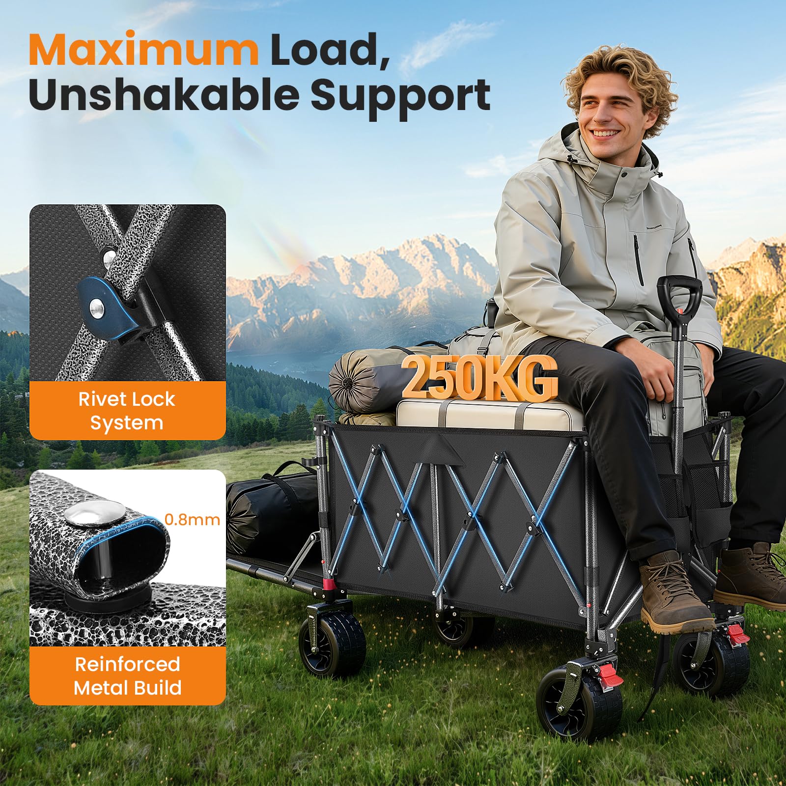 YEAUPE PRO Carrello Spiaggia 250KG, Carrellino con Ruote Grandi Girevoli a 360°, Tutti i Terreni, con rete elastica inclusa. Ideale per trasporto outdoor, prato e campeggio, 200-300L, Nero