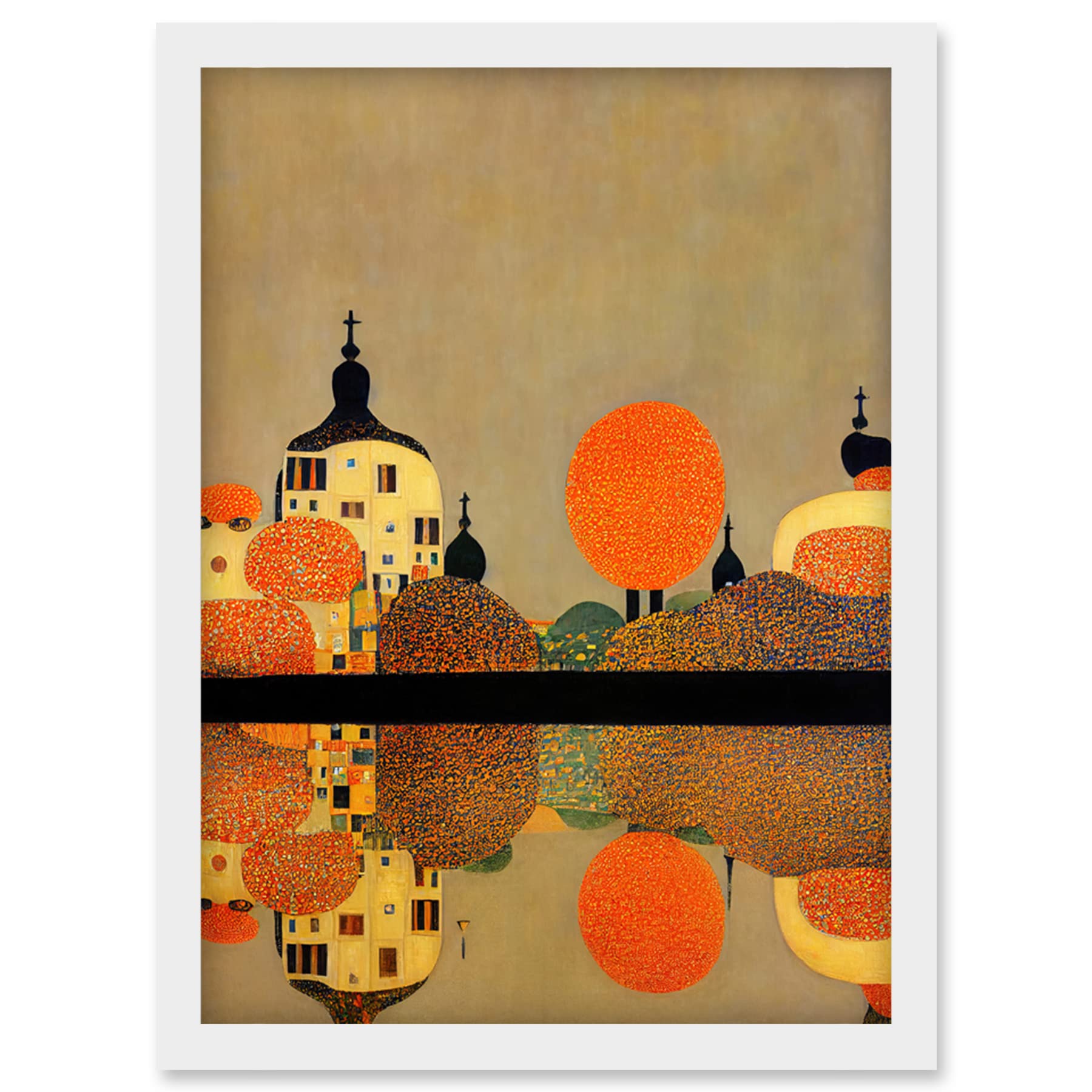 Wee Blue Coo Gustav Klimt Style Autumn Lakeside Town Church Reflection Artwork Framed Wall Art Print A4