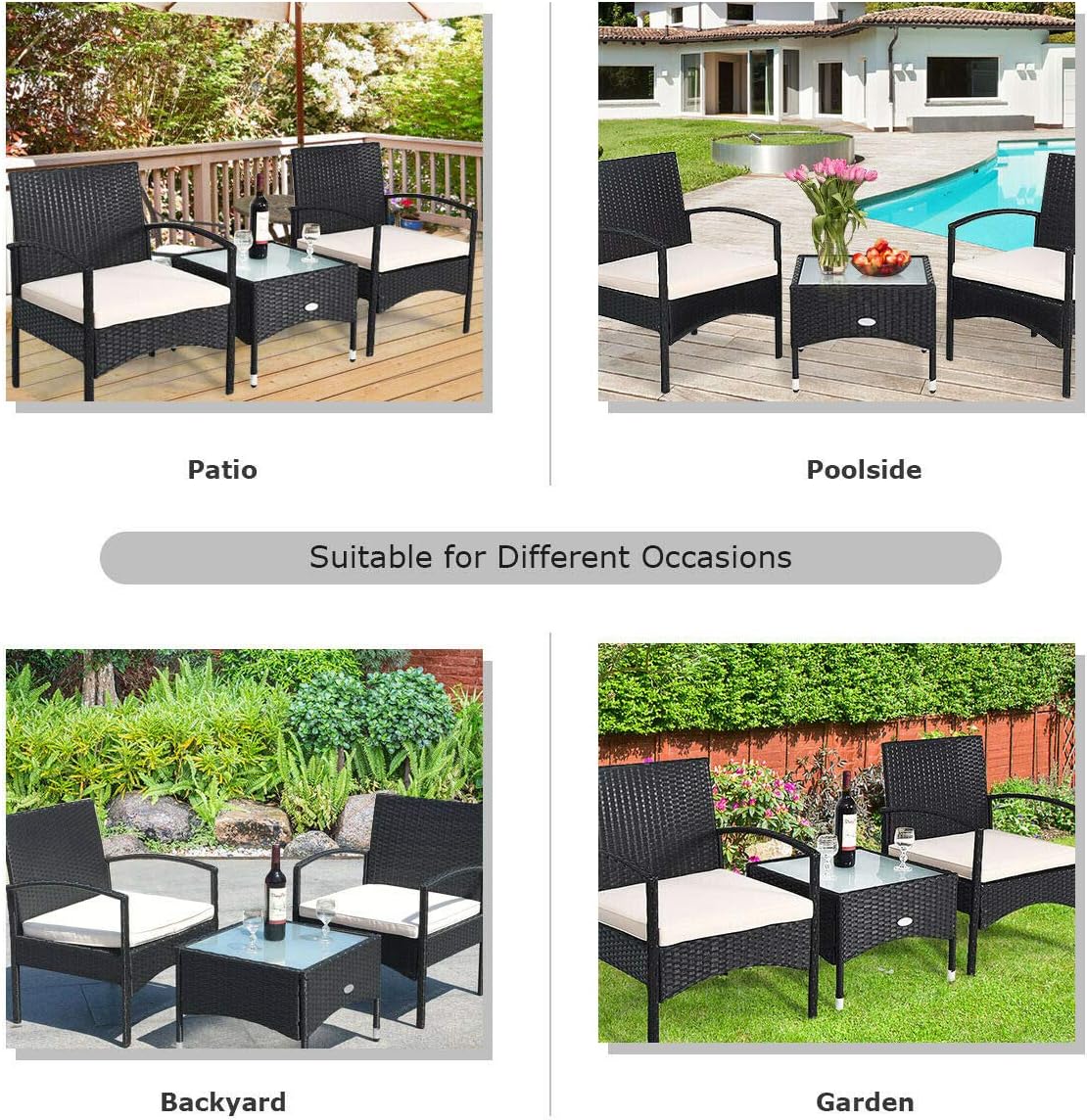 DORTALA 3 PCS Patio Wicker Rattan Furniture Set, Outdoor Rattan Sofa Chair and Glass Coffee Table Set, Bistro Wicker Chair Table Set with Soft Cushion for Patio Garden Lawn Backyard Poolside