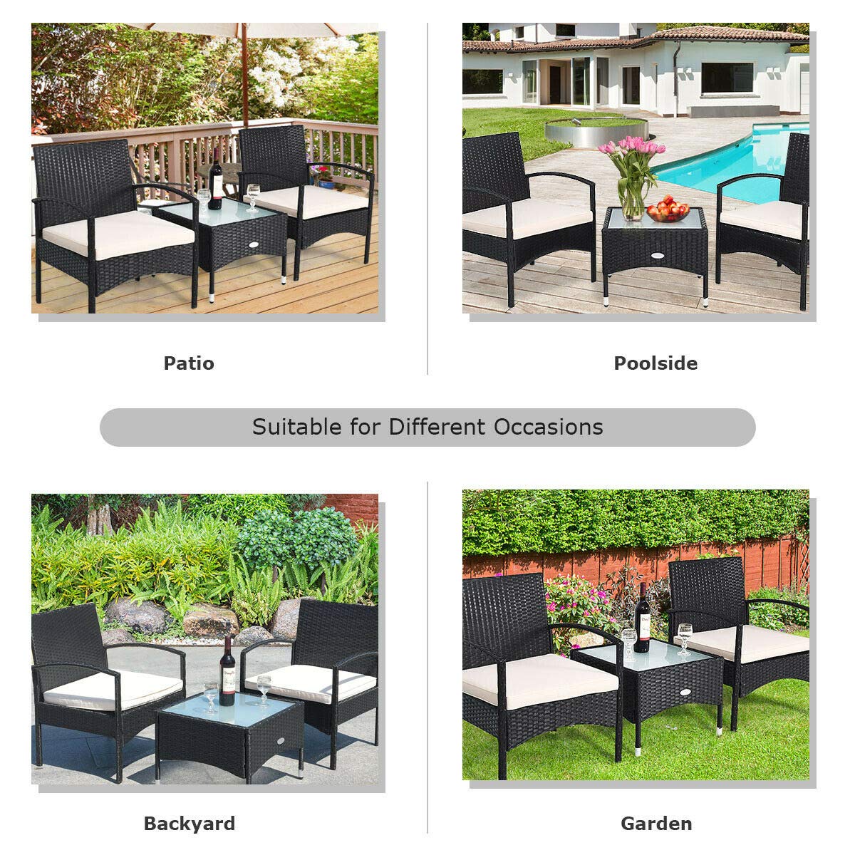 Juego de 3 muebles de mimbre para patio, sofá de ratán al aire libre y mesa de centro de cristal, juego de mesa de mimbre bistró con cojín suave para patio, jardín, césped, patio trasero junto a la piscina 6