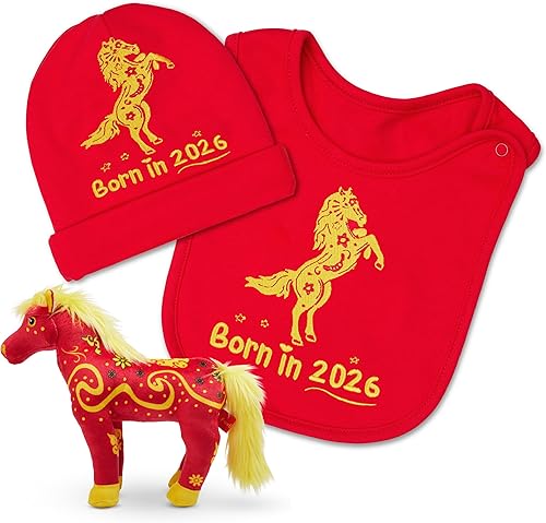 FoxE Año del caballo Set de regalo nacido en 2026  babero, gorro y juguete de peluche  Unisex, 100% algodón, 0-24 meses  Regalos de Año Nuevo Chino