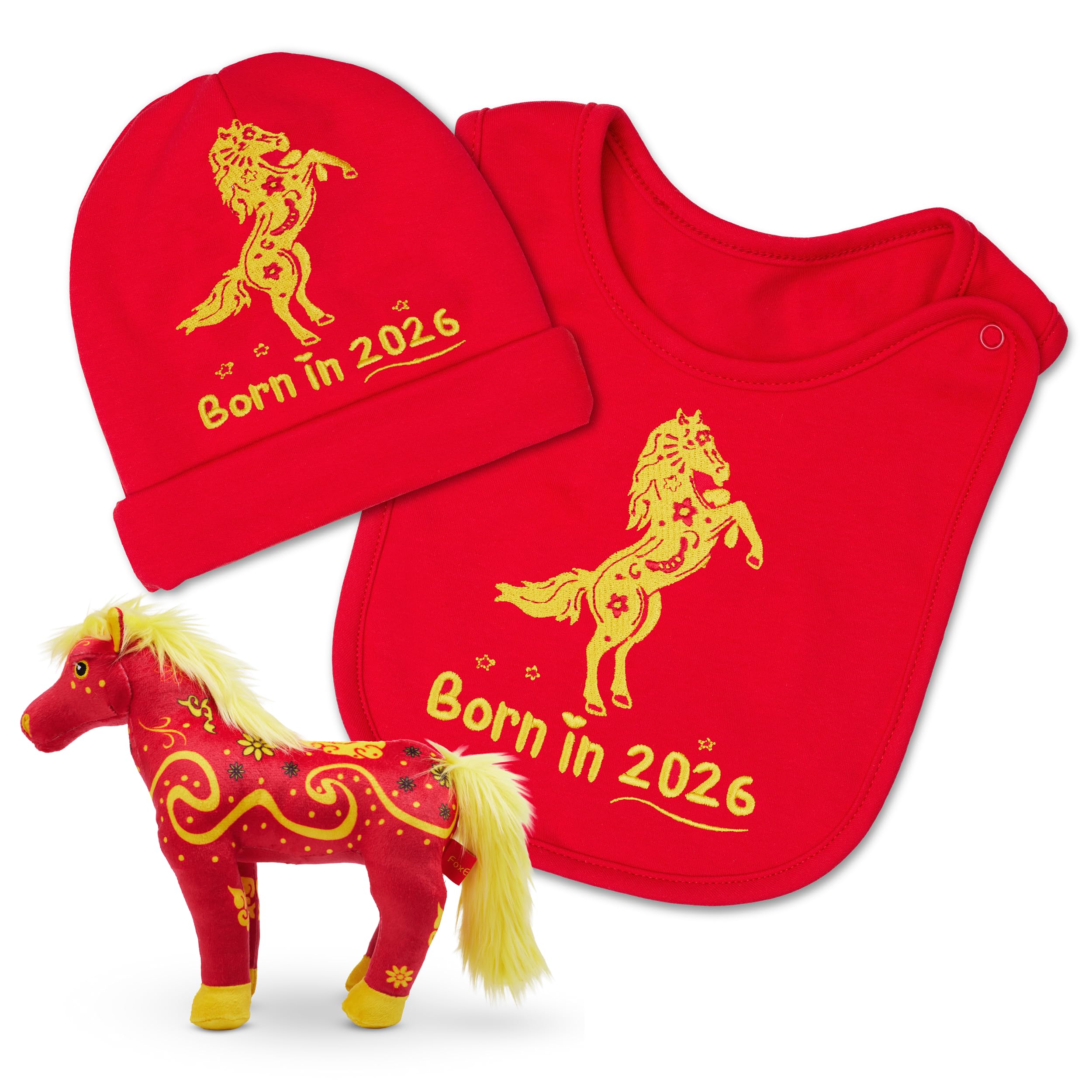 FoxE Year of the Horse Gift Set Born in 2026 - Bib, Beanie & Plush