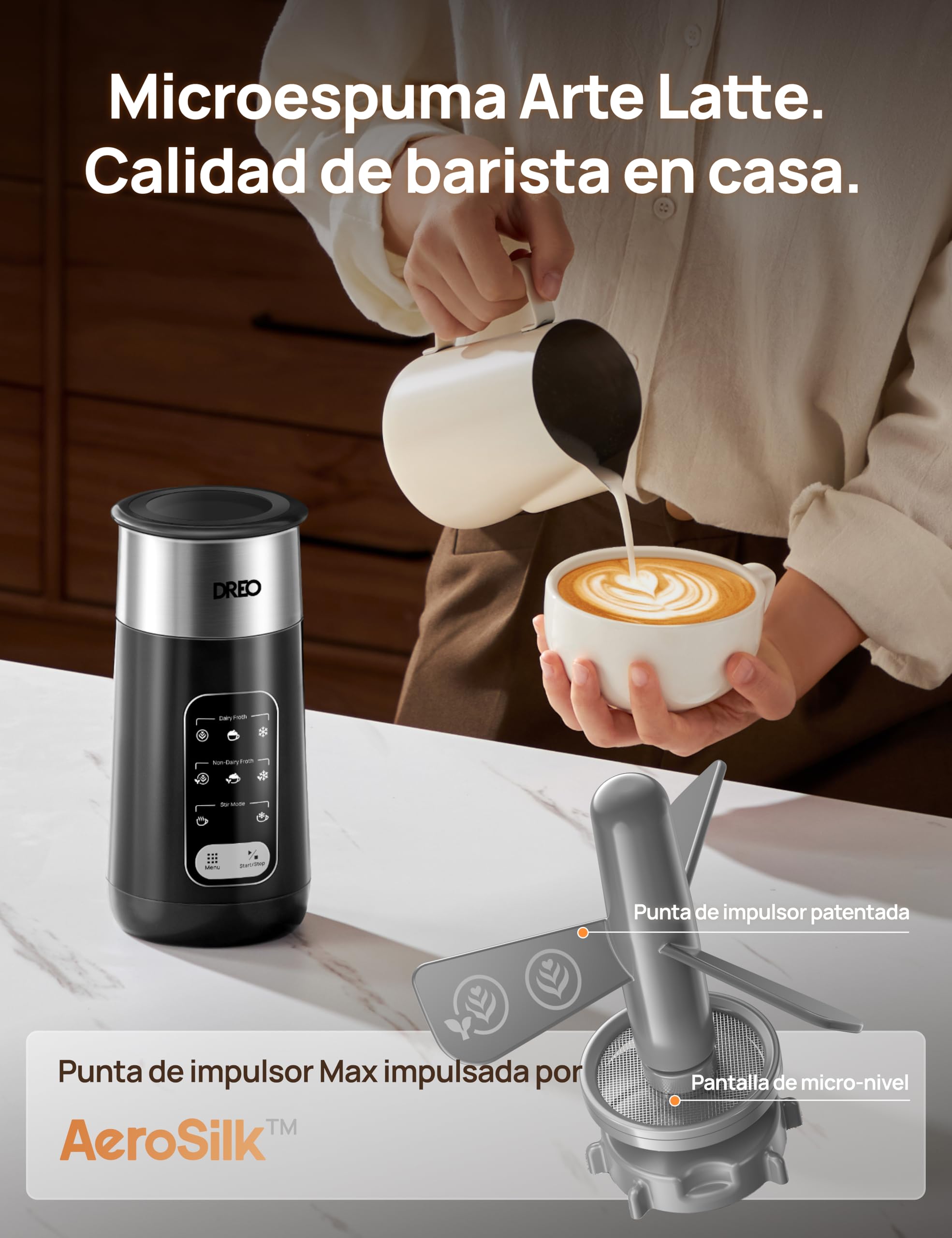 DREO Espumador de Leche Electrico, 8-in-1 Espumador Automático para Latte, Capuchino, Chocolate Caliente, 270ml Milk Frother de Acero Inoxidable, Espuma de Leche Caliente y Fría, LED, Fácil de Limpiar