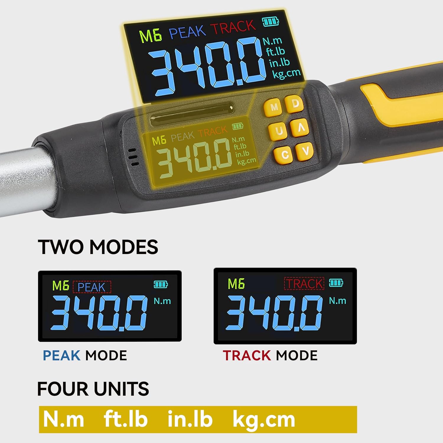 1/2" Digital Torque Wrench, 12.5-250 Ft-Lb & 17-340 Nm High Range, Color LCD Backlit Display, Audible Buzzer & LED Flash Indicator, Automotive & Heavy-Duty Vehicle Maintenance