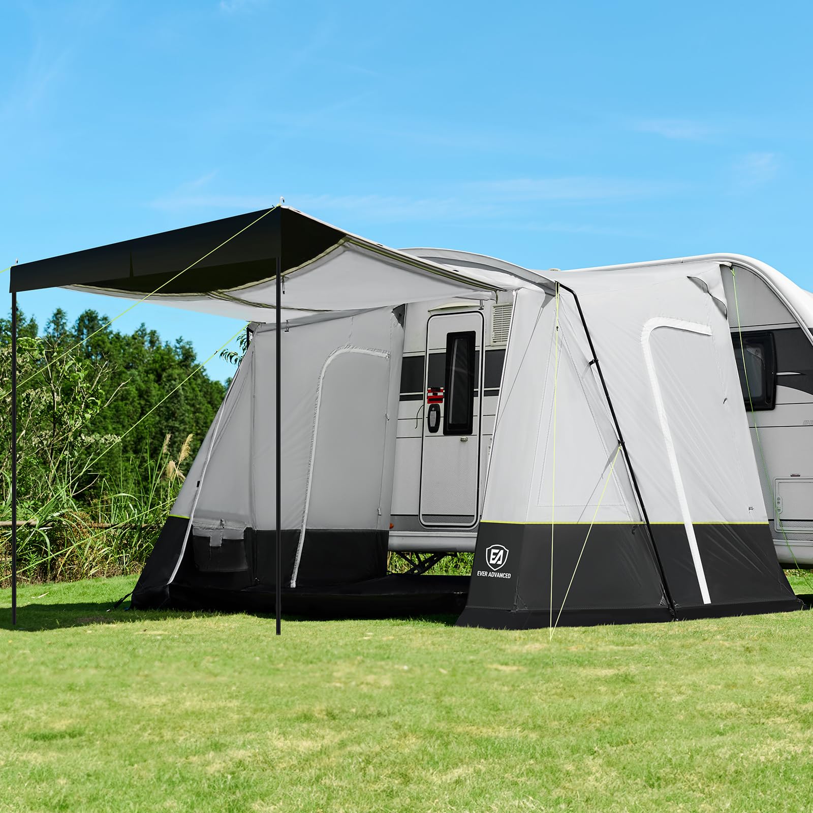 EVER ADVANCED Toldo para caravana 350 x 260 x 245 cm para autocaravana con 2 ventanas, puerta lateral, puerta más grande como techo, toldo de viaje PU 3000 mm resistente al agua, adecuado para viajes